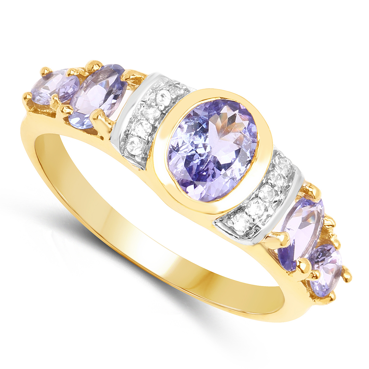 14K Yellow Gold Plated 1.64 Carat Genuine Tanzanite & White Topaz .925 Sterling Silver Ring