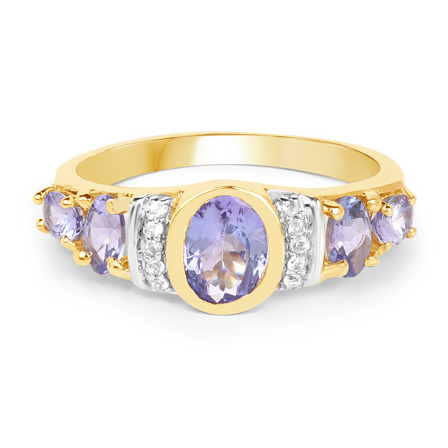 14K Yellow Gold Plated 1.64 Carat Genuine Tanzanite & White Topaz .925 Sterling Silver Ring
