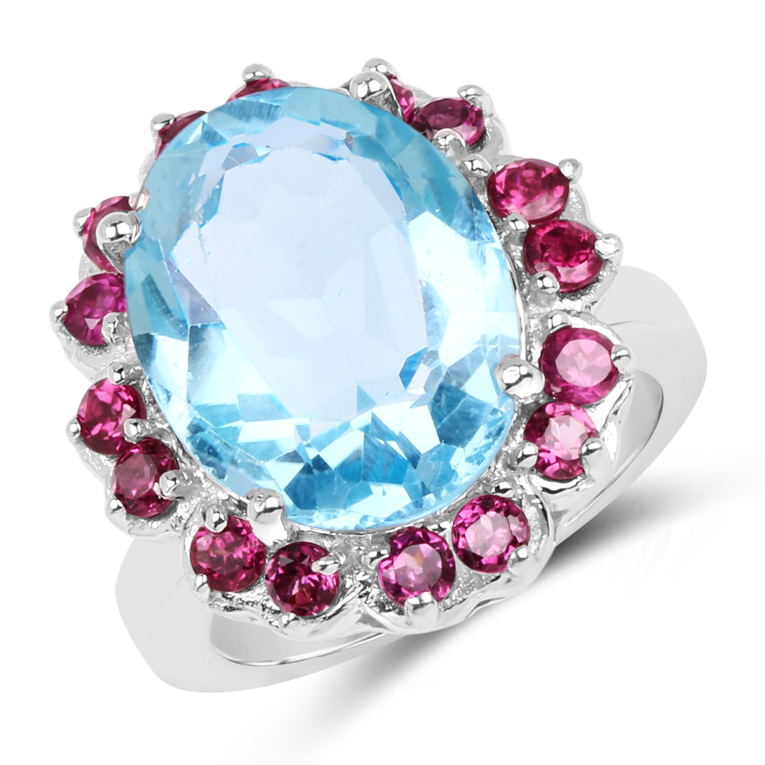 12.53 Carat Genuine Blue Topaz & Rhodolite .925 Sterling Silver Ring