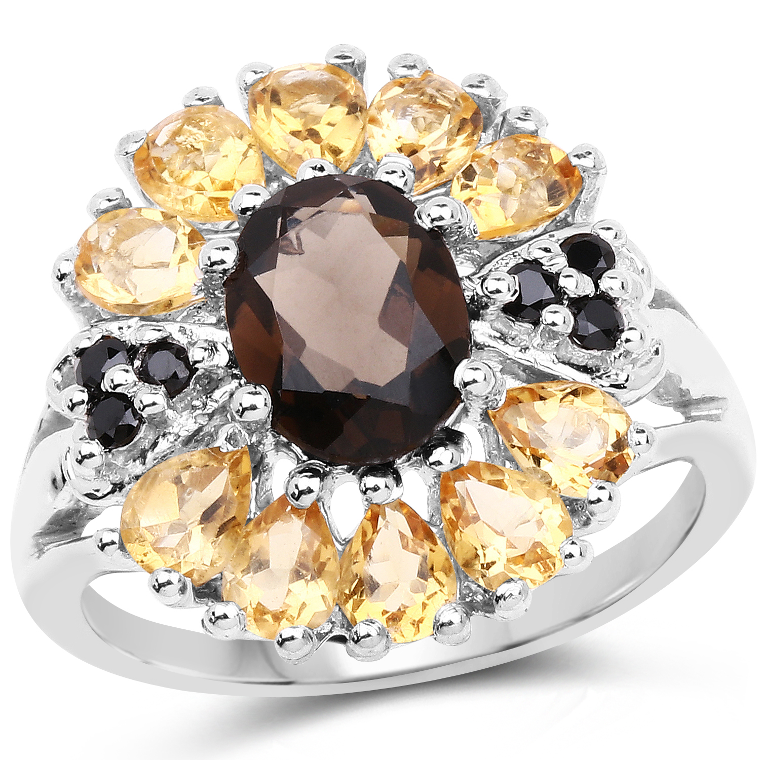 2.77 Carat Genuine Smoky Quartz, Citrine & Black Spinel .925 Sterling Silver Ring
