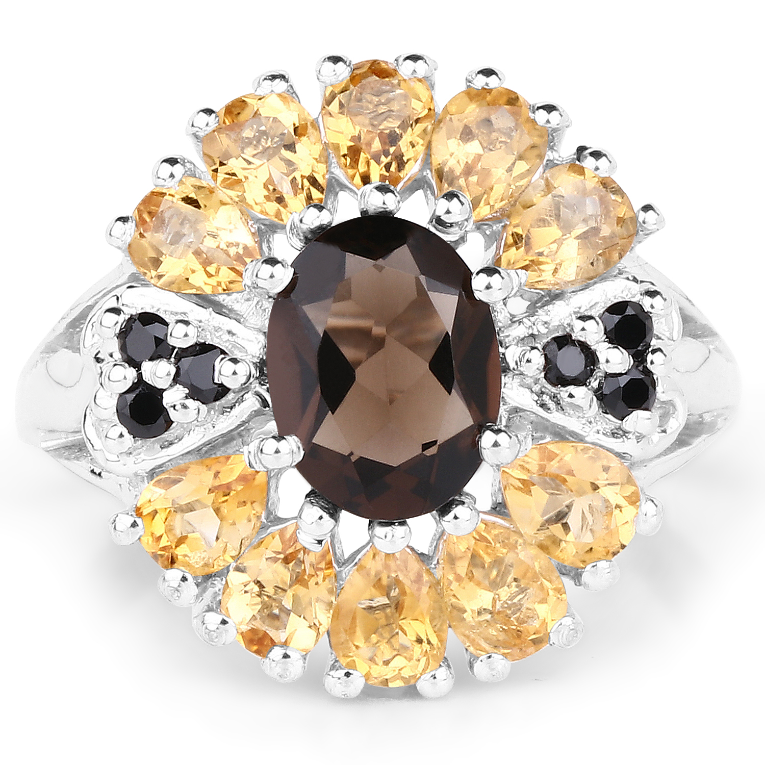 2.77 Carat Genuine Smoky Quartz, Citrine & Black Spinel .925 Sterling Silver Ring