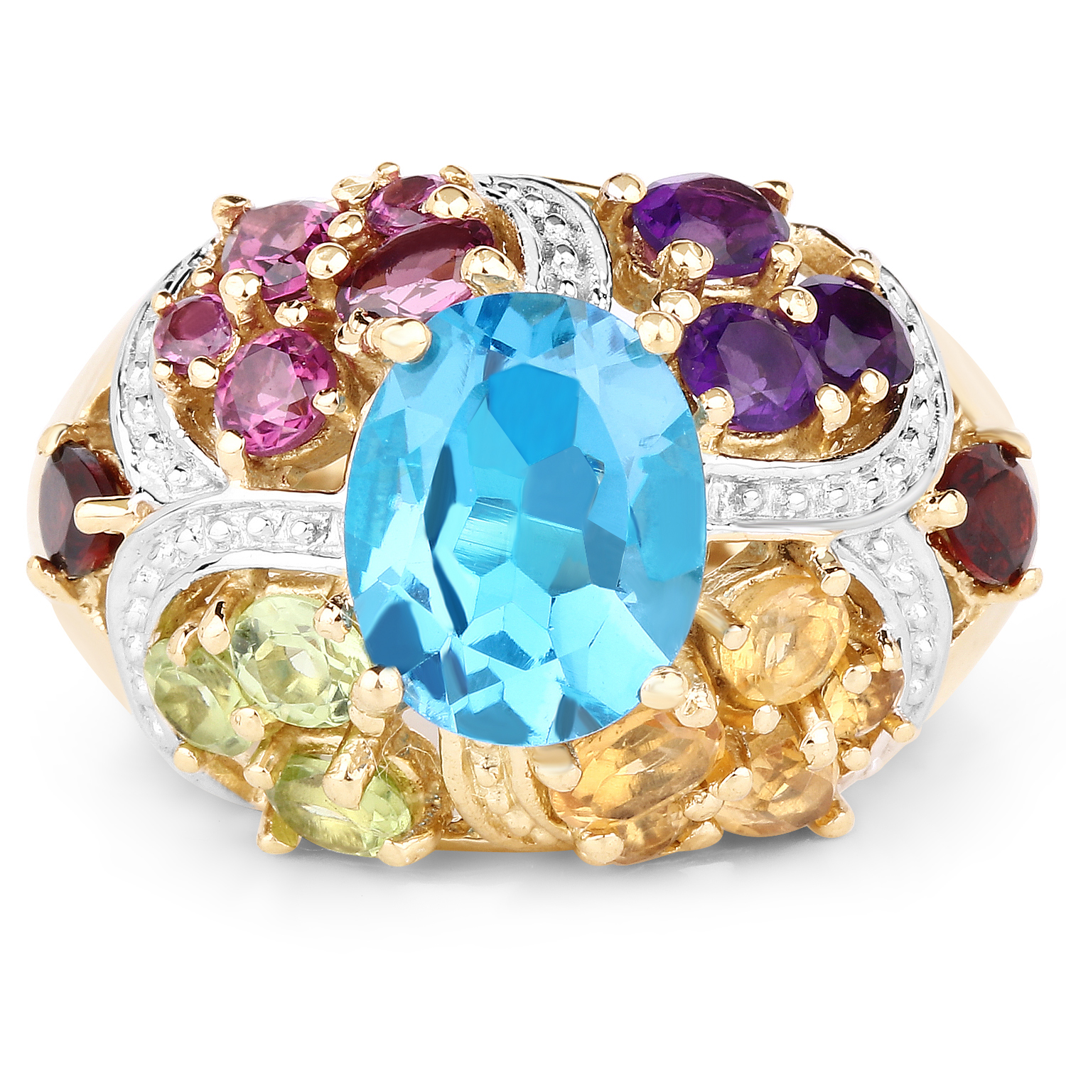 14K Yellow Gold Plated 5.61 Carat Genuine Multi Stone .925 Sterling Silver Ring