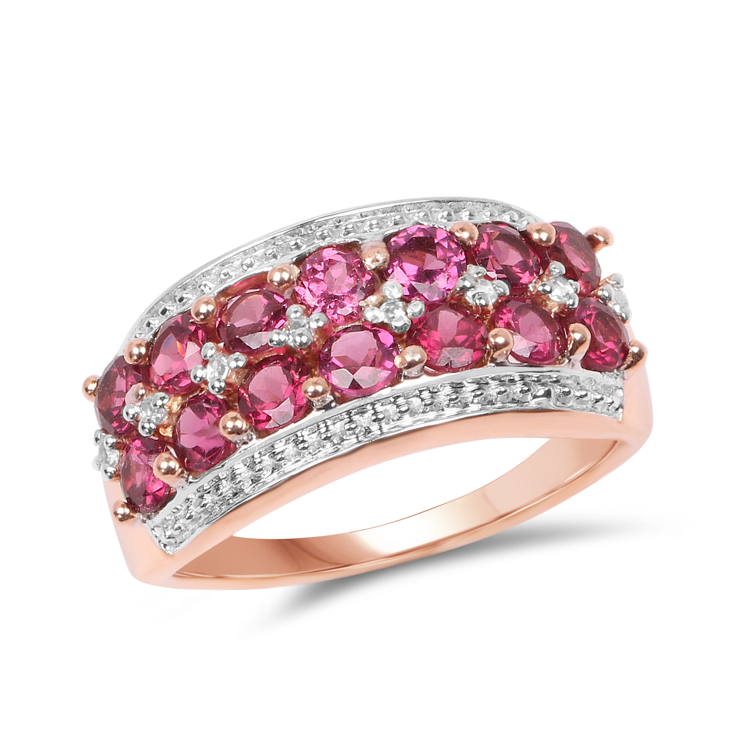 14K Rose Gold Plated 1.86 Carat Genuine Rhodolite and White Topaz .925 Sterling Silver Ring