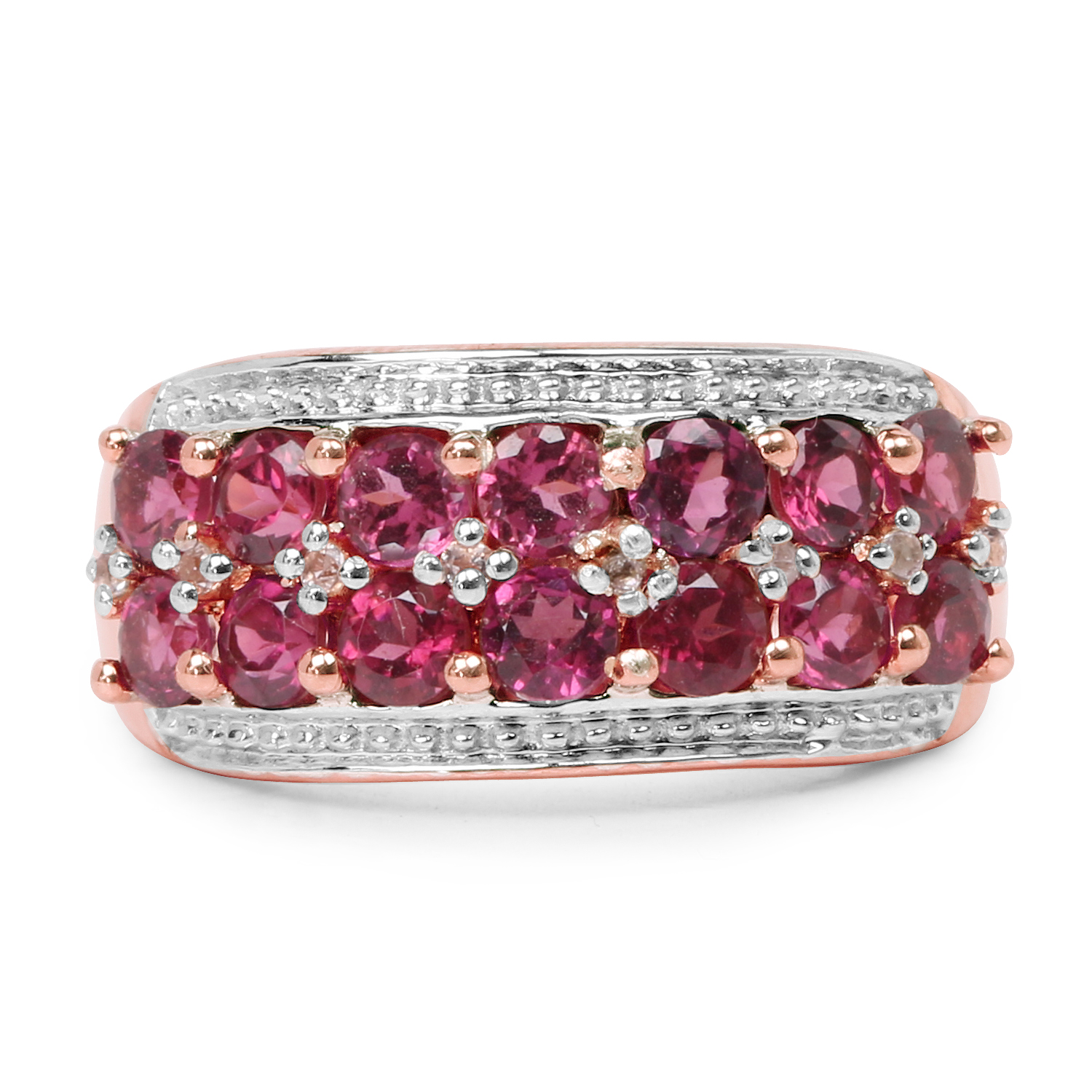 14K Rose Gold Plated 1.86 Carat Genuine Rhodolite and White Topaz .925 Sterling Silver Ring