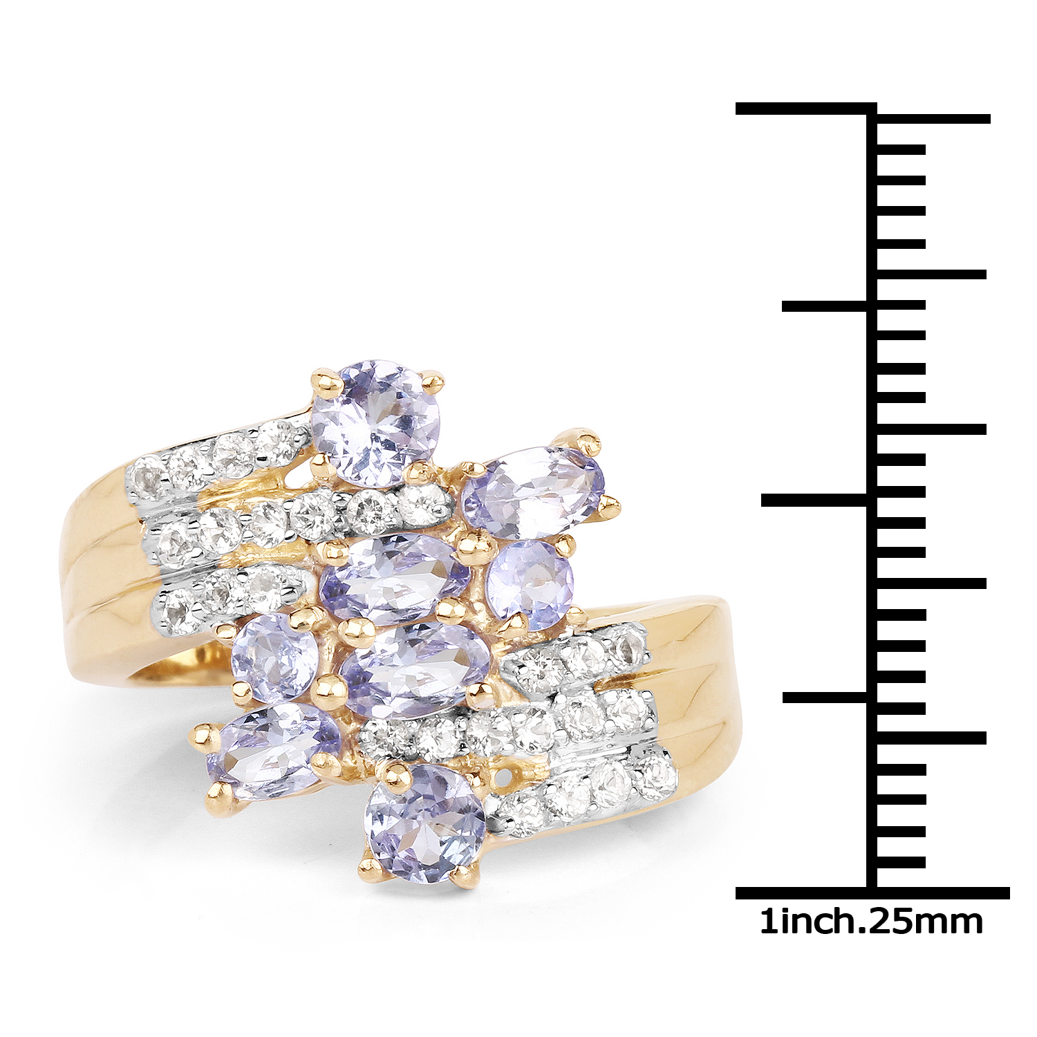 14K Yellow Gold Plated 2.23 Carat Genuine Tanzanite and White Topaz .925 Sterling Silver Ring