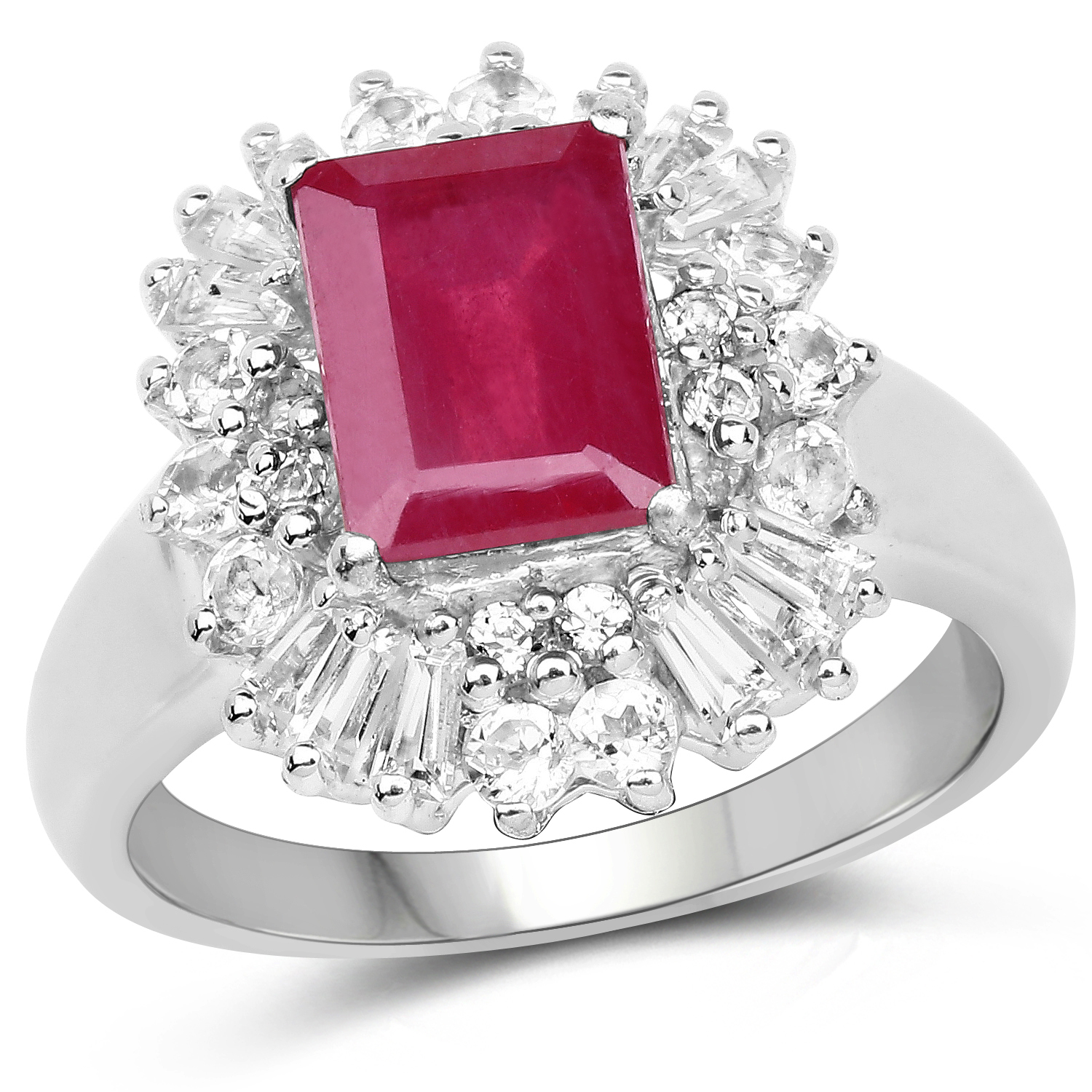 3.15 Carat Glass Filled Ruby and White Topaz .925 Sterling Silver Ring