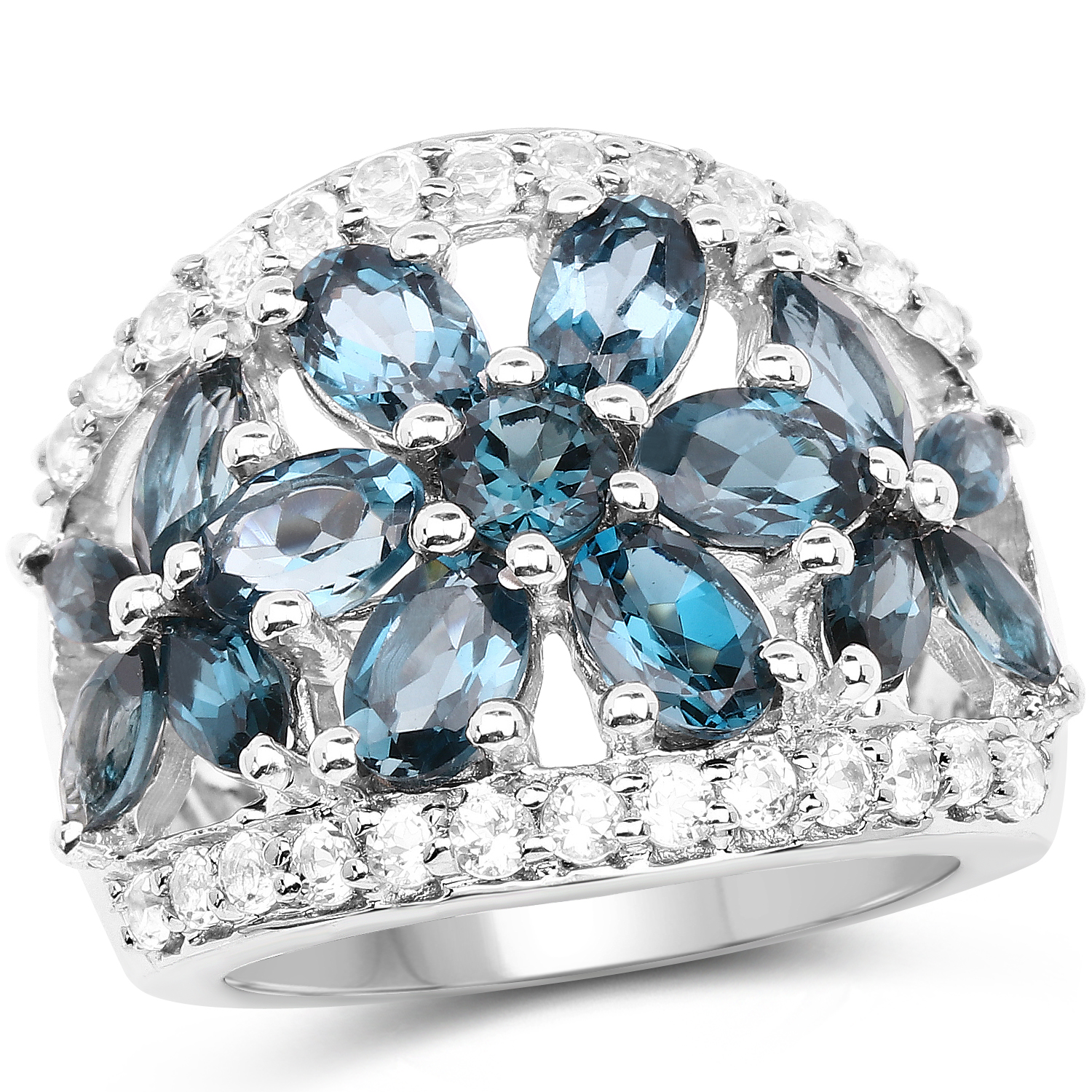 6.16 Carat Genuine London Blue Topaz and White Topaz .925 Sterling Silver Ring