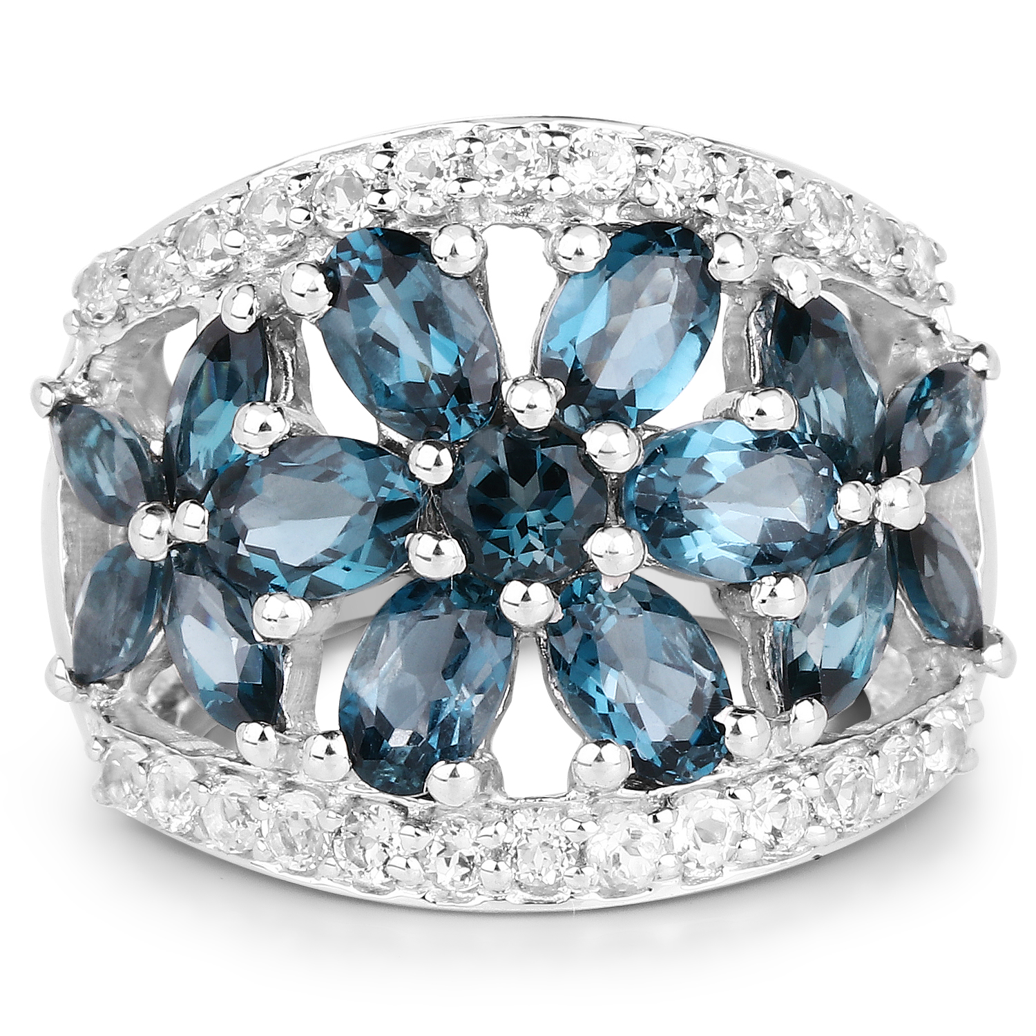 6.16 Carat Genuine London Blue Topaz and White Topaz .925 Sterling Silver Ring