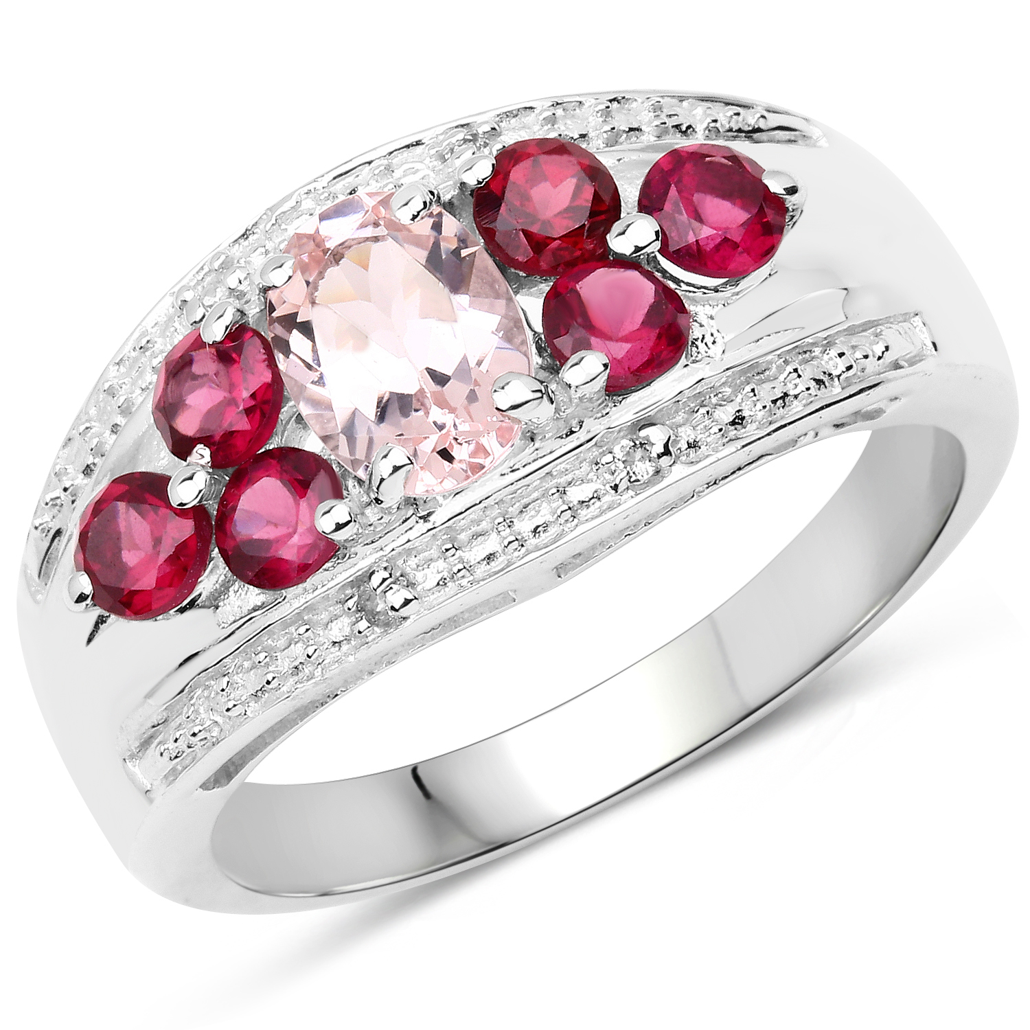 1.50 Carat Genuine Morganite, Rhodolite & White Topaz .925 Sterling Silver Ring