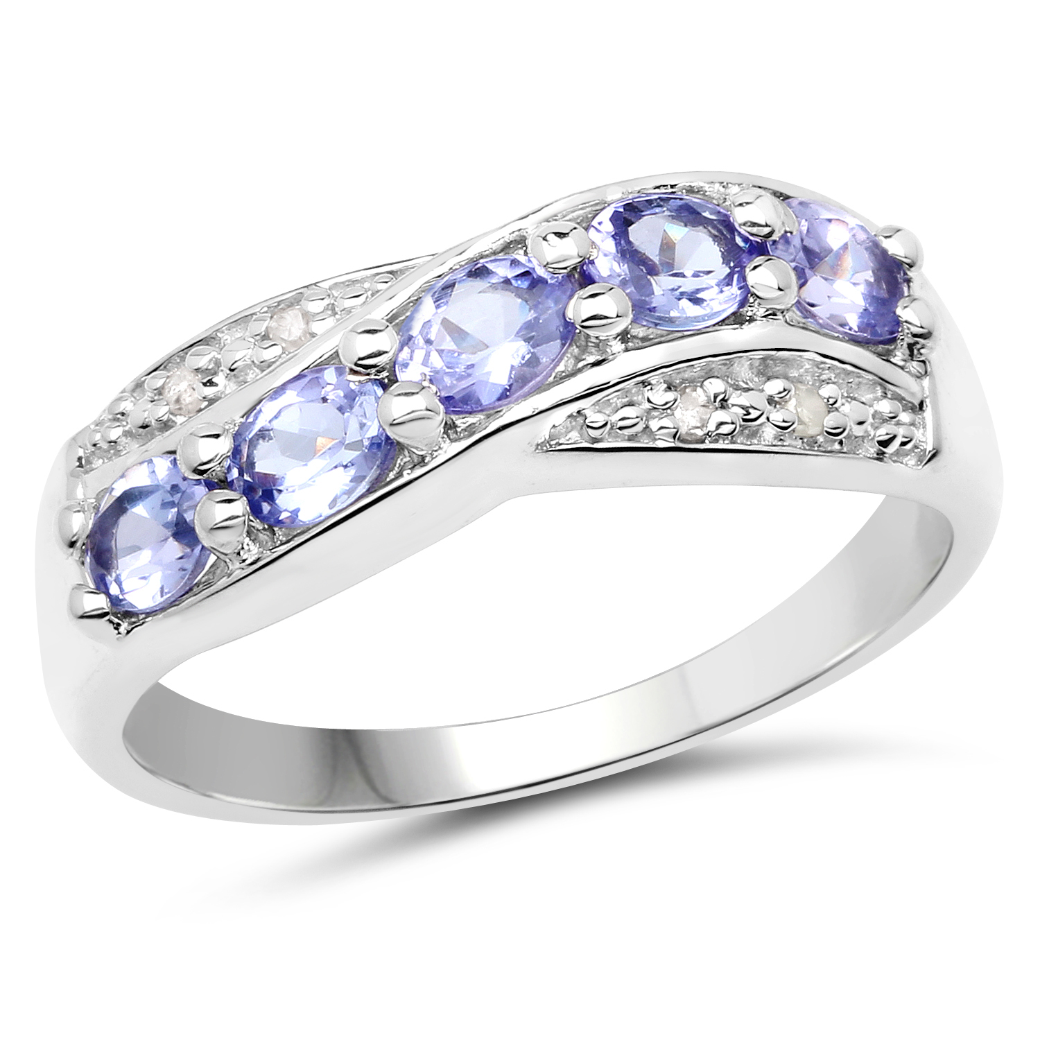 14K White Gold Plated 0.88 Carat Genuine Tanzanite and White Diamond .925 Sterling Silver Ring