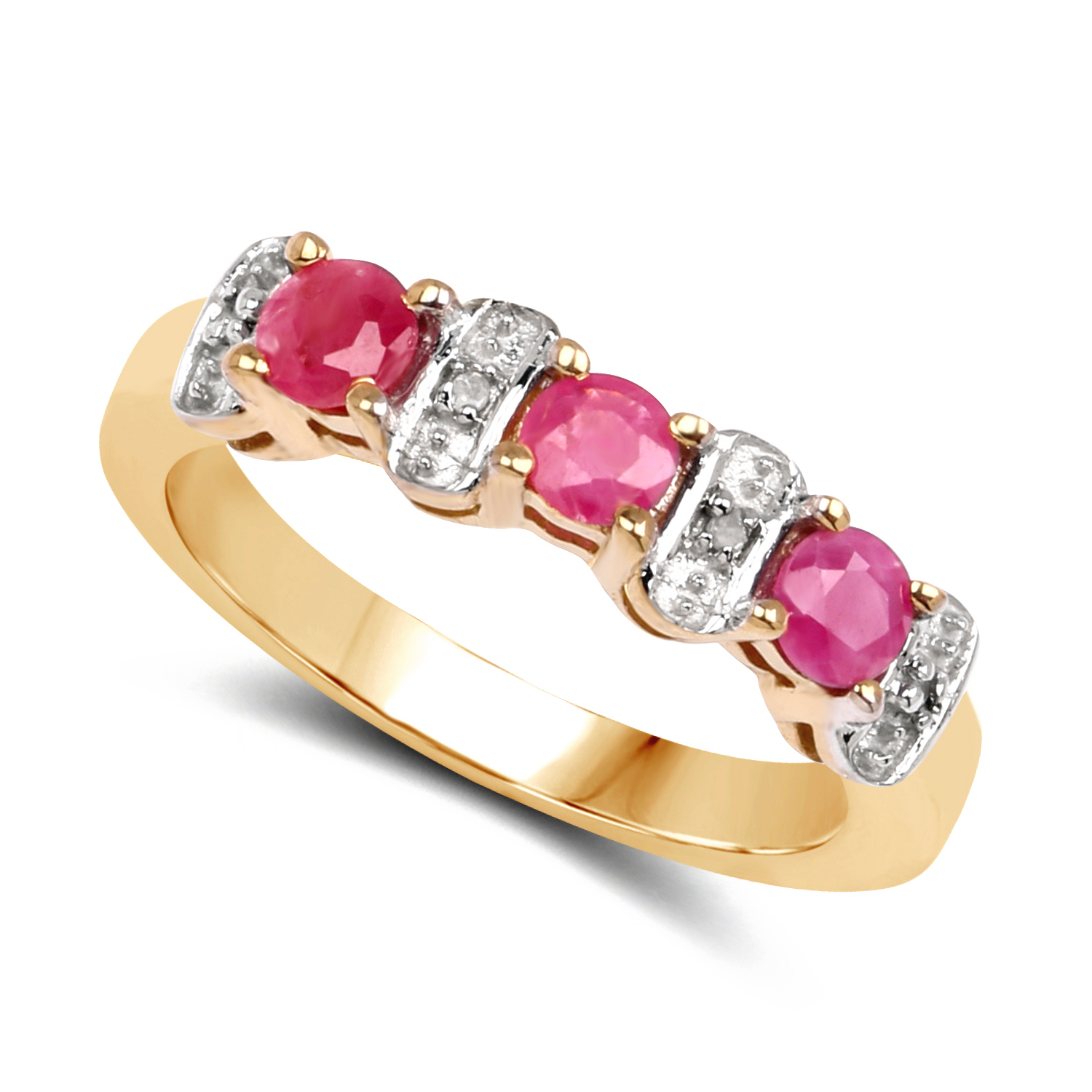 14K Yellow Gold Plated 0.71 Carat Genuine Ruby and White Diamond .925 Sterling Silver Ring