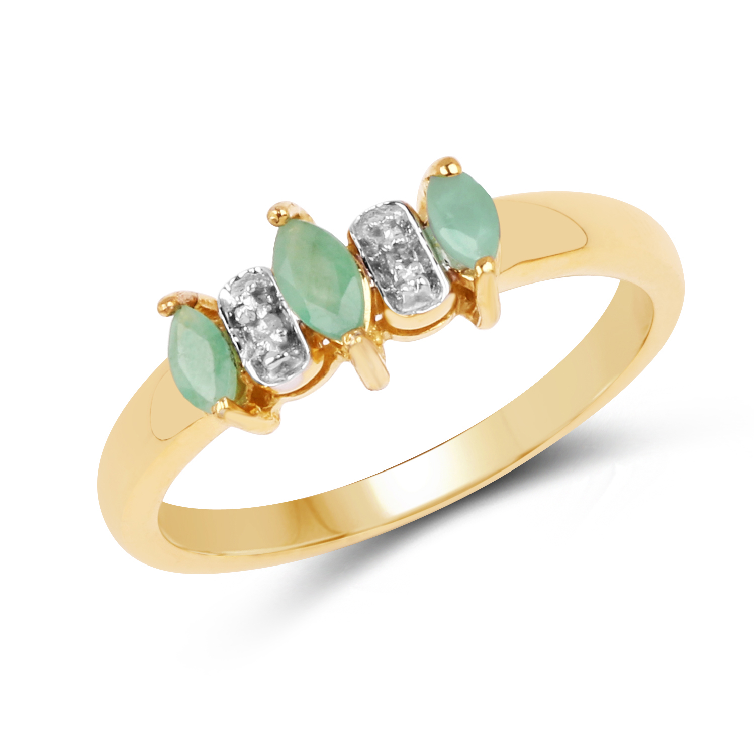 14K Yellow Gold Plated 0.29 Carat Genuine Emerald & White Diamond .925 Sterling Silver Ring