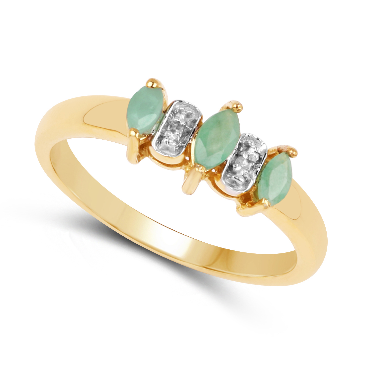 14K Yellow Gold Plated 0.29 Carat Genuine Emerald & White Diamond .925 Sterling Silver Ring