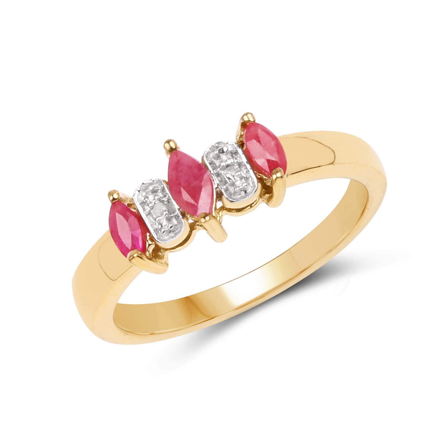 14K Yellow Gold Plated 0.39 Carat Genuine Ruby and White Diamond .925 Sterling Silver Ring