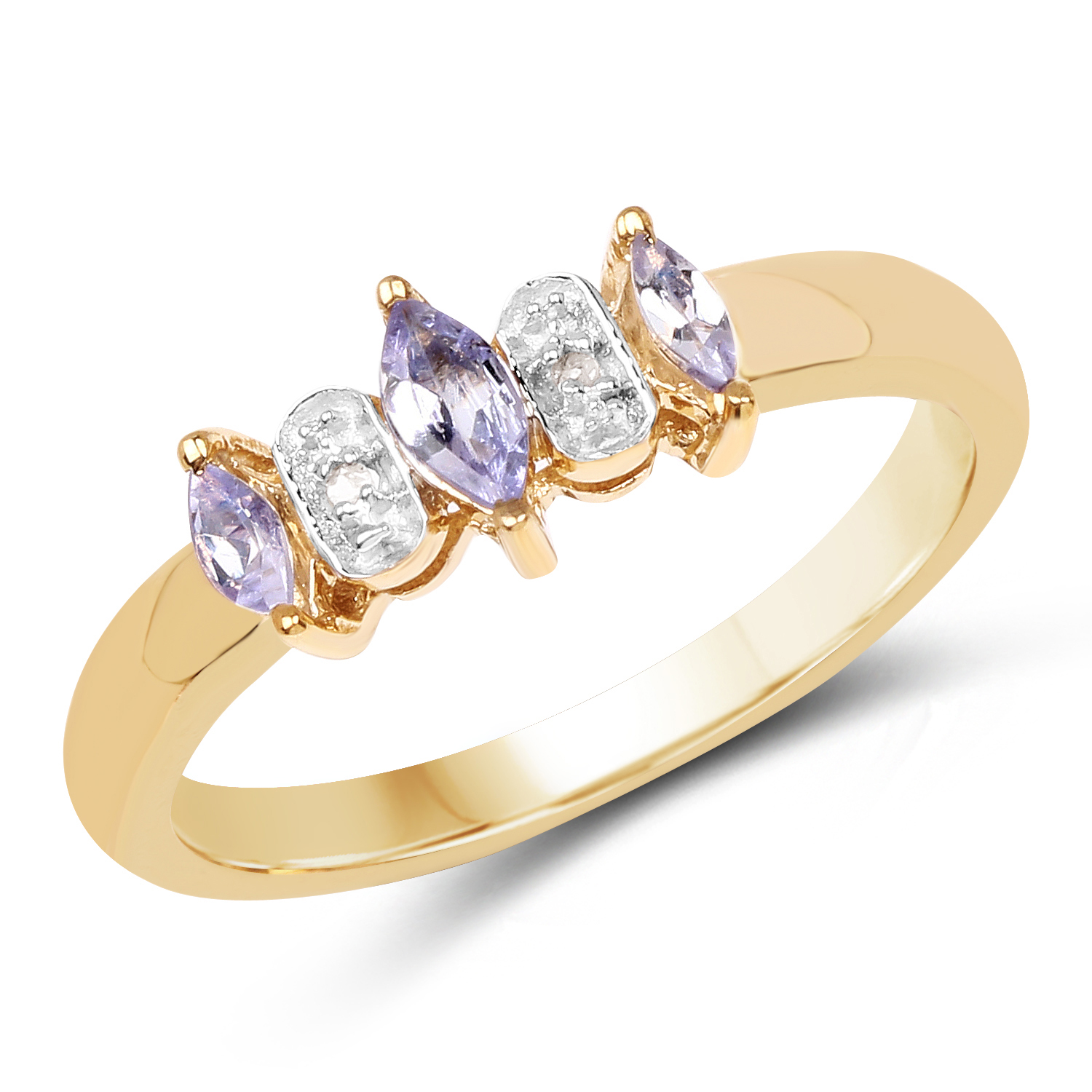 14K Yellow Gold Plated 0.31 Carat Genuine Tanzanite & White Diamond .925 Sterling Silver Ring