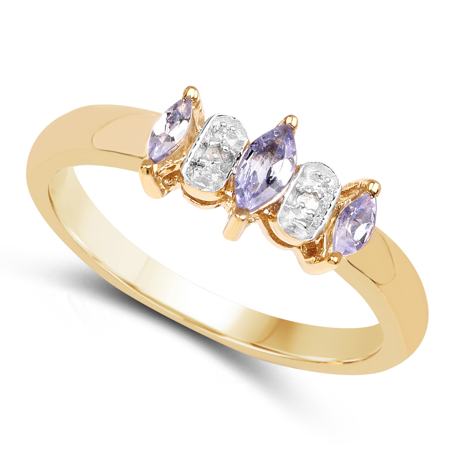 14K Yellow Gold Plated 0.31 Carat Genuine Tanzanite & White Diamond .925 Sterling Silver Ring
