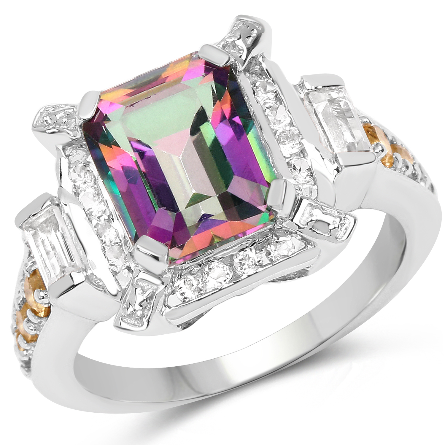 5.63 Carat Genuine Mystic Topaz, Citrine & White Topaz .925 Sterling Silver Ring