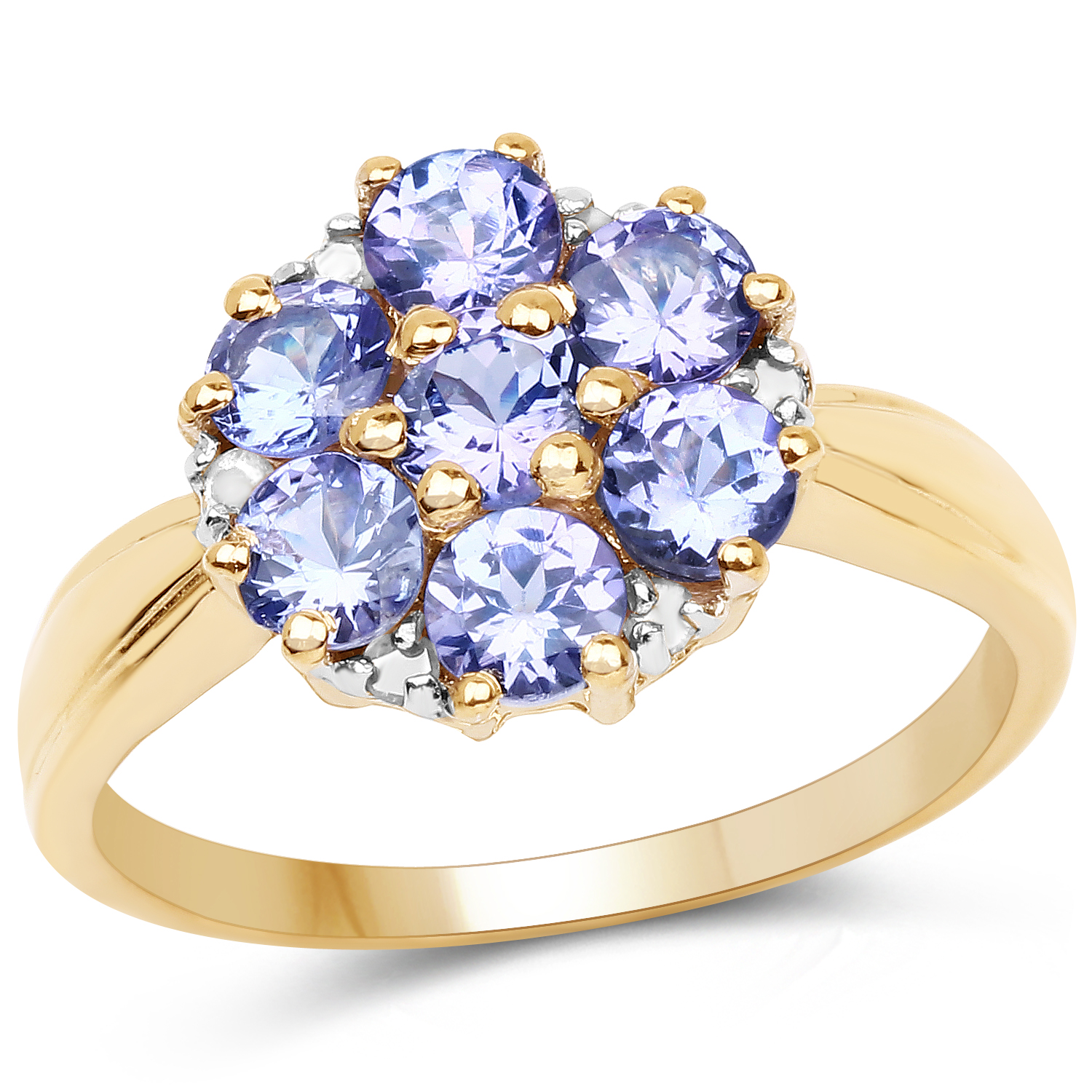 14K Yellow Gold Plated 1.45 Carat Genuine Tanzanite and White Diamond .925 Sterling Silver Ring