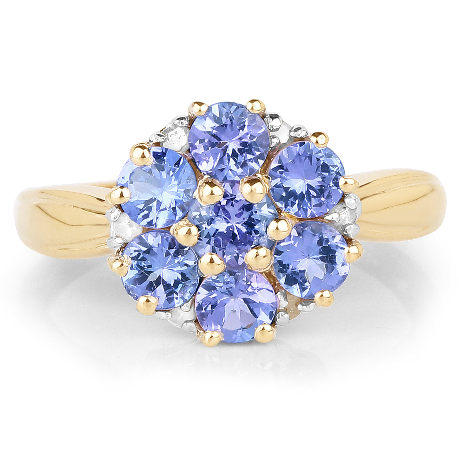 14K Yellow Gold Plated 1.45 Carat Genuine Tanzanite and White Diamond .925 Sterling Silver Ring