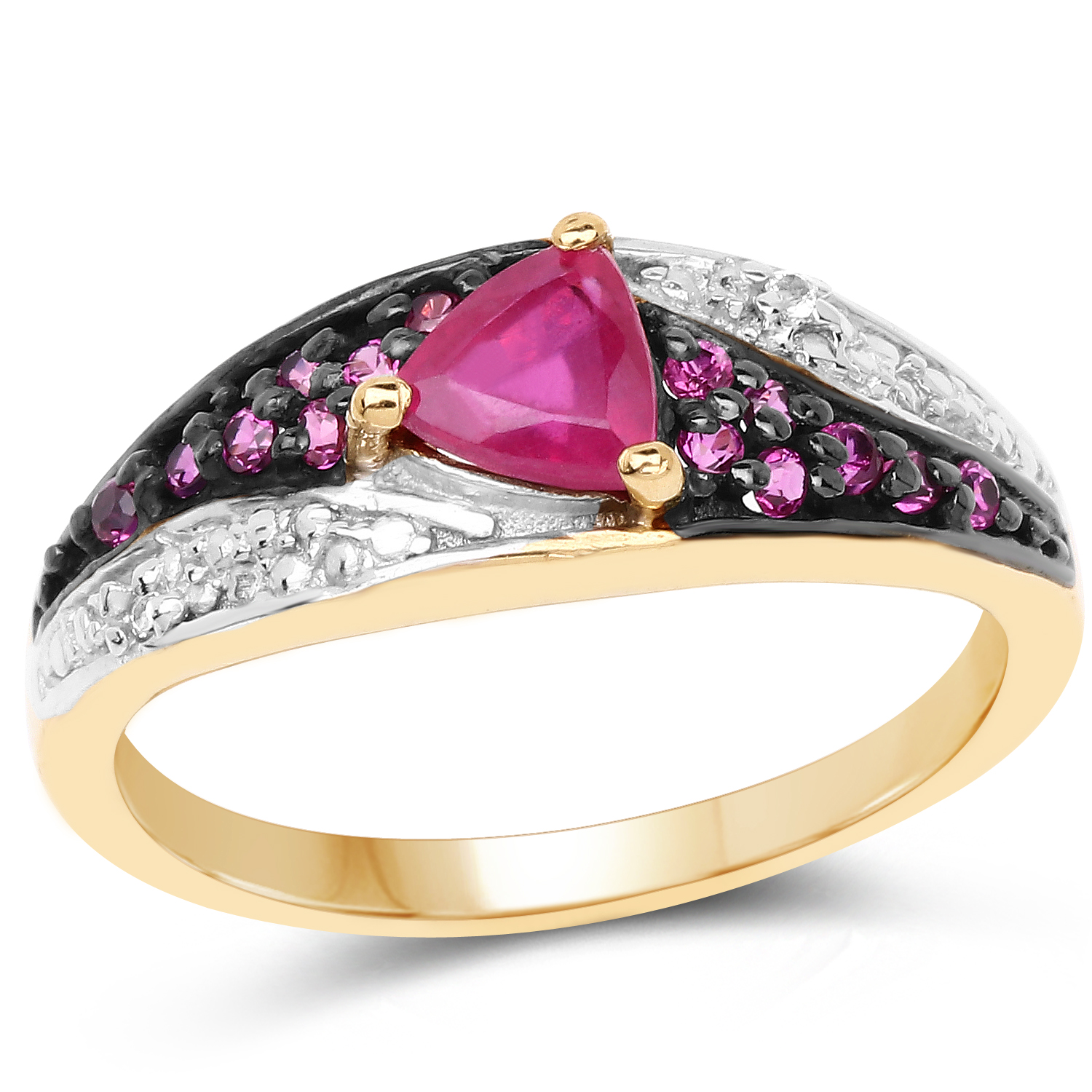14K Yellow Gold Plated 0.76 Carat Genuine Glass Filled Ruby, Created Ruby & White Topaz .925 Sterling Silver Ring