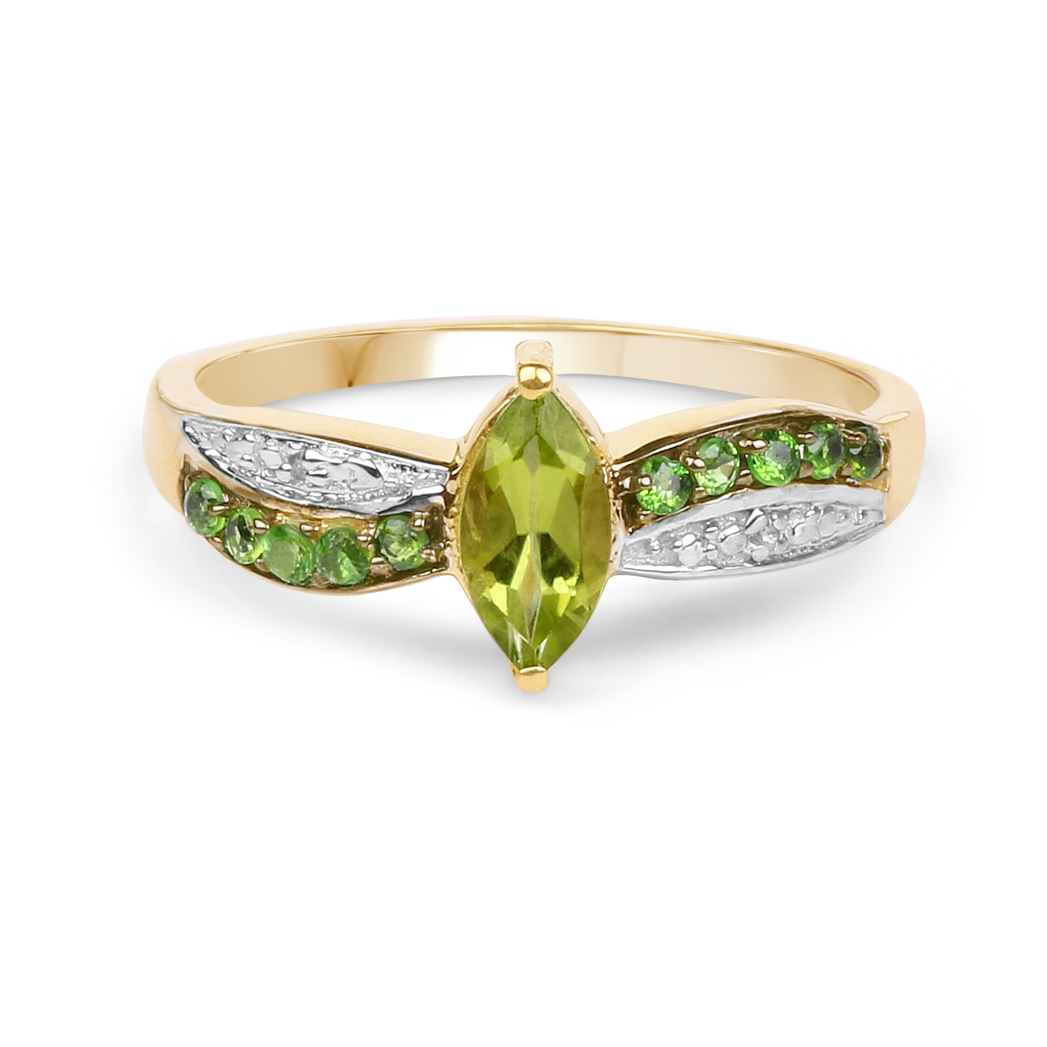 14K Yellow Gold Plated 0.69 Carat Genuine Peridot, Chrome Diopside and White Topaz .925 Sterling Silver Ring