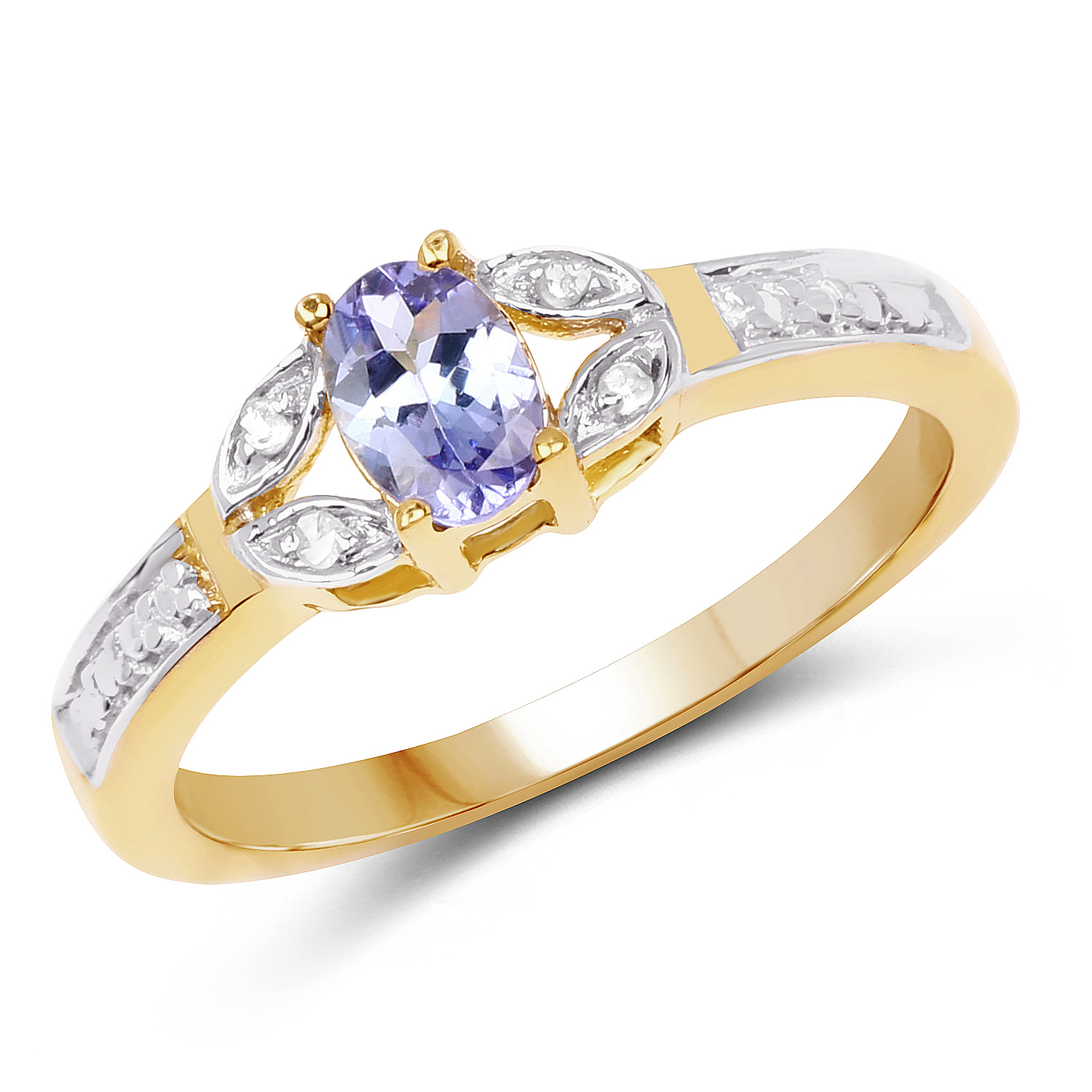 14K Yellow Gold Plated 0.46 Carat Genuine Tanzanite and White Diamond .925 Sterling Silver Ring