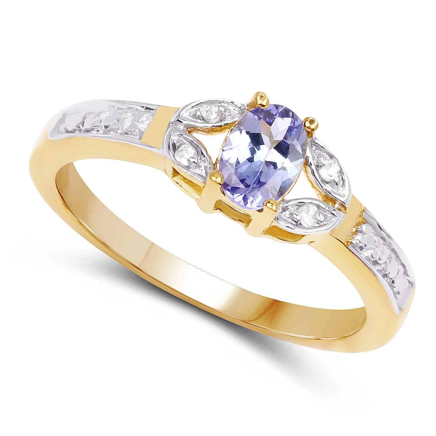 14K Yellow Gold Plated 0.46 Carat Genuine Tanzanite and White Diamond .925 Sterling Silver Ring