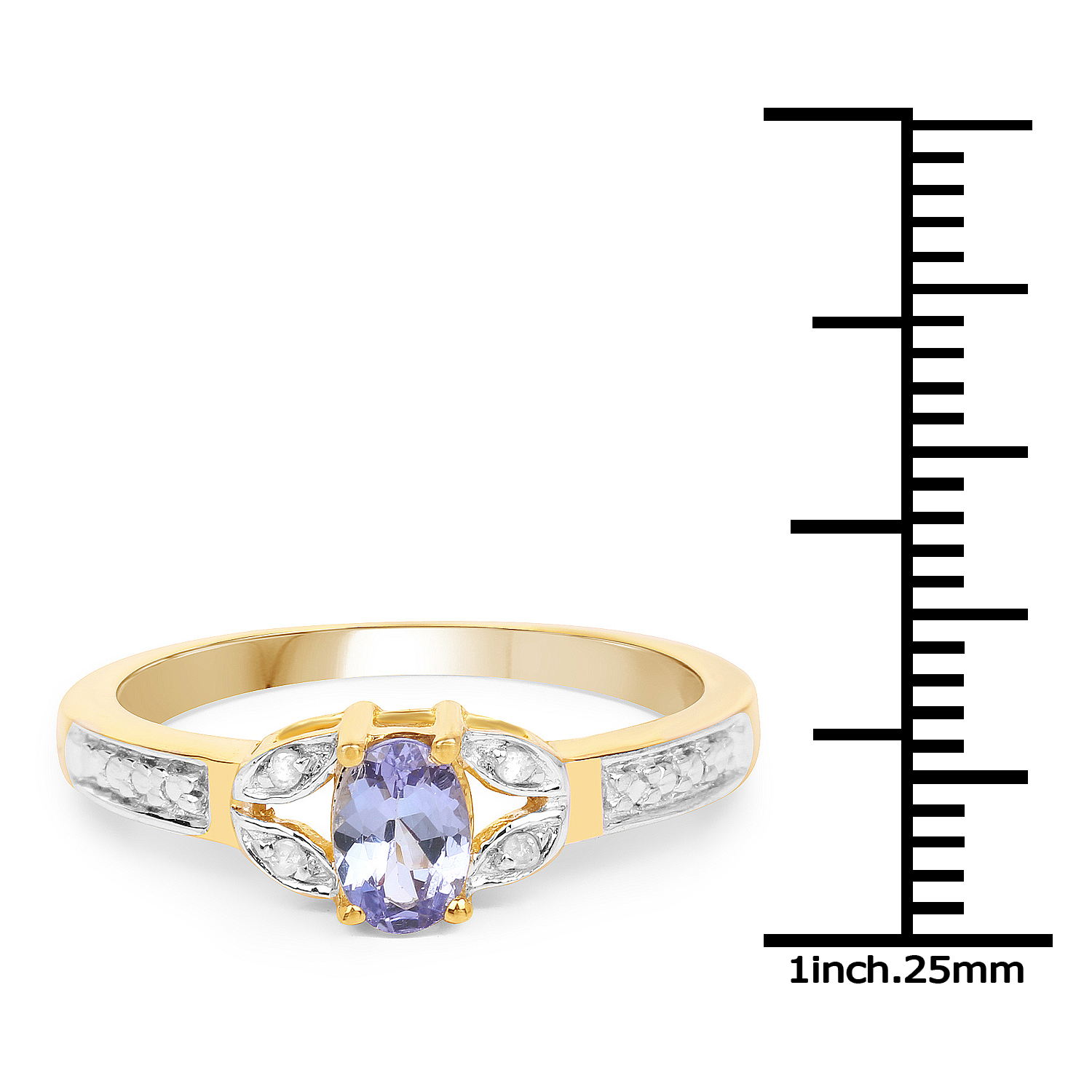14K Yellow Gold Plated 0.46 Carat Genuine Tanzanite and White Diamond .925 Sterling Silver Ring