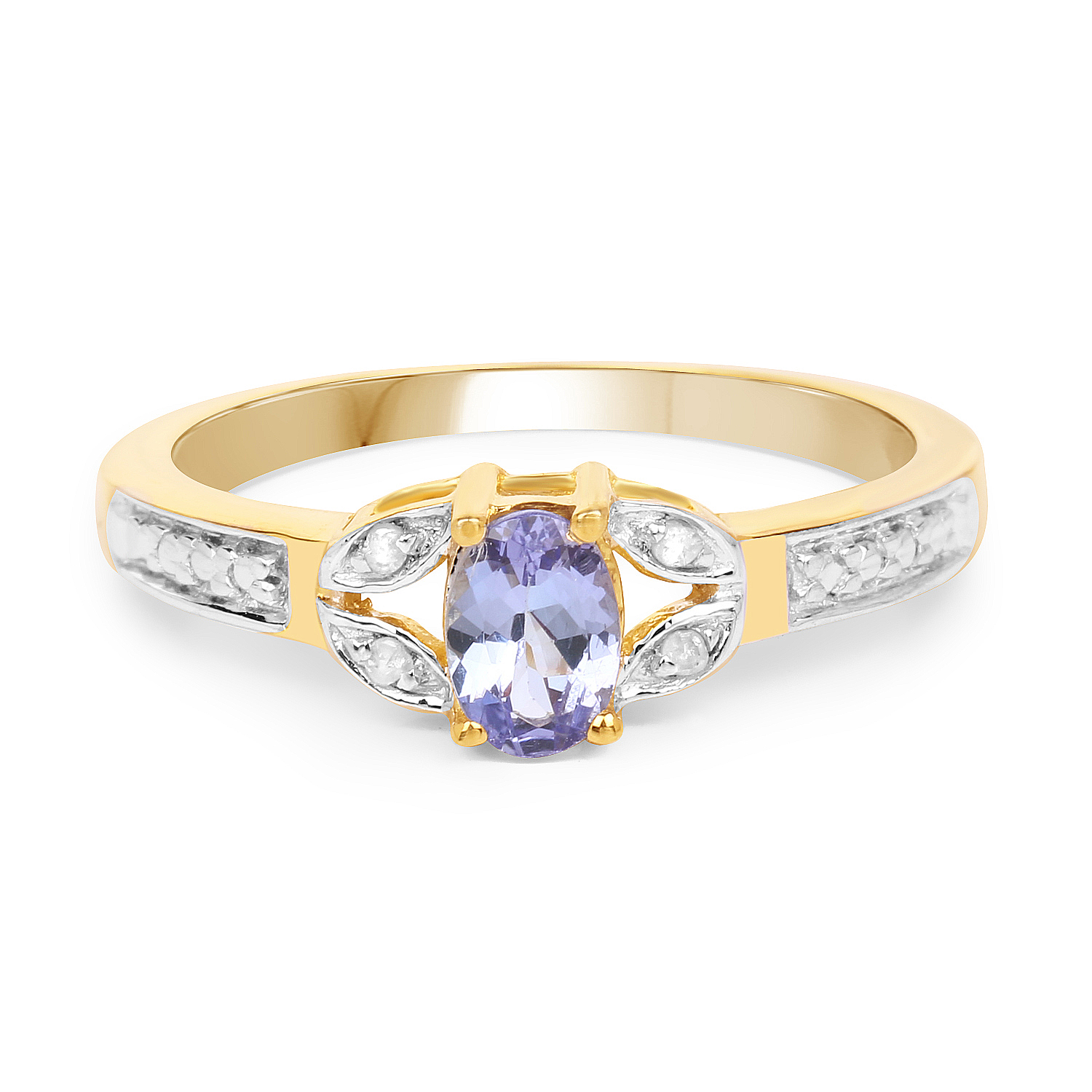 14K Yellow Gold Plated 0.46 Carat Genuine Tanzanite and White Diamond .925 Sterling Silver Ring