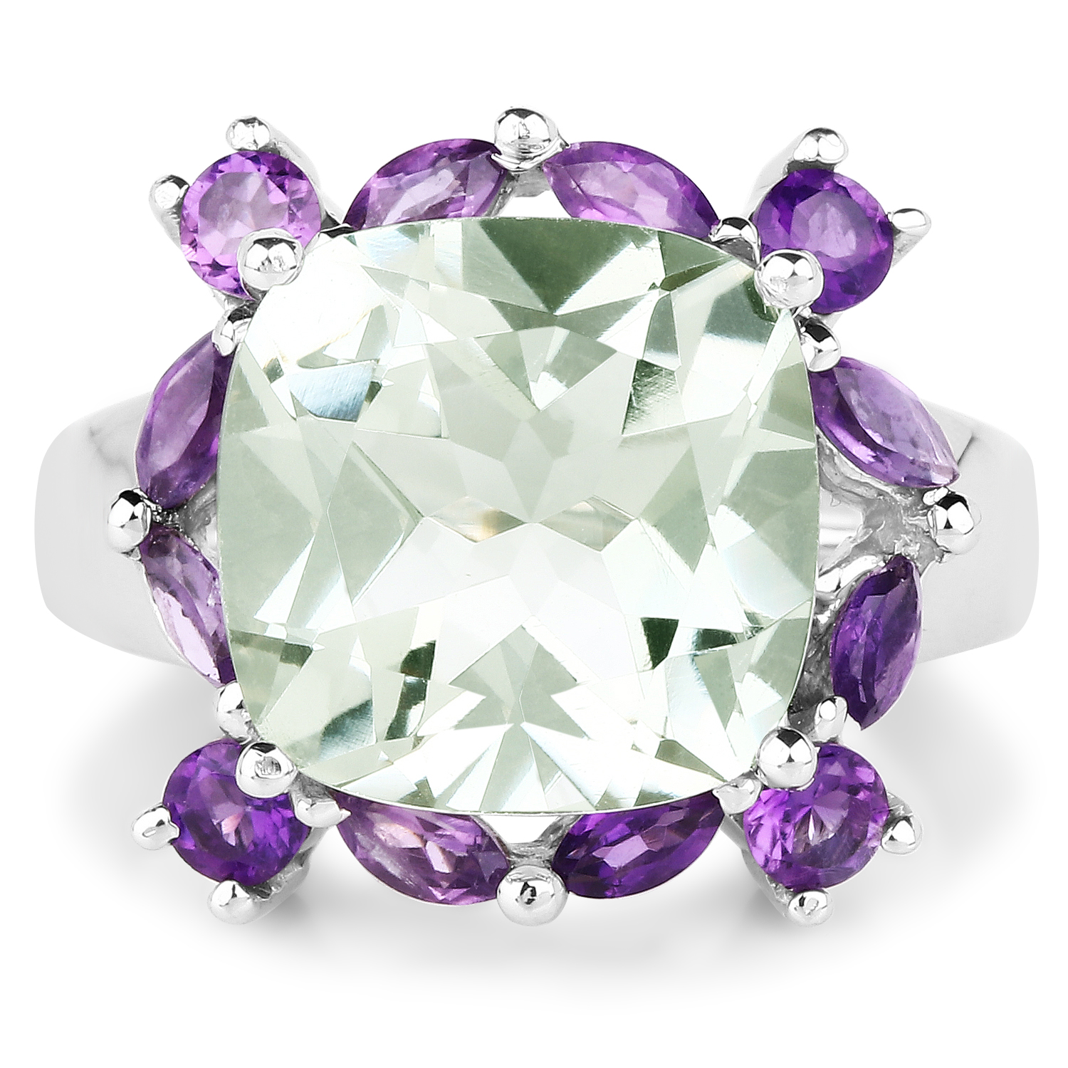 6.46 Carat Genuine Green Amethyst and Amethyst .925 Sterling Silver Ring