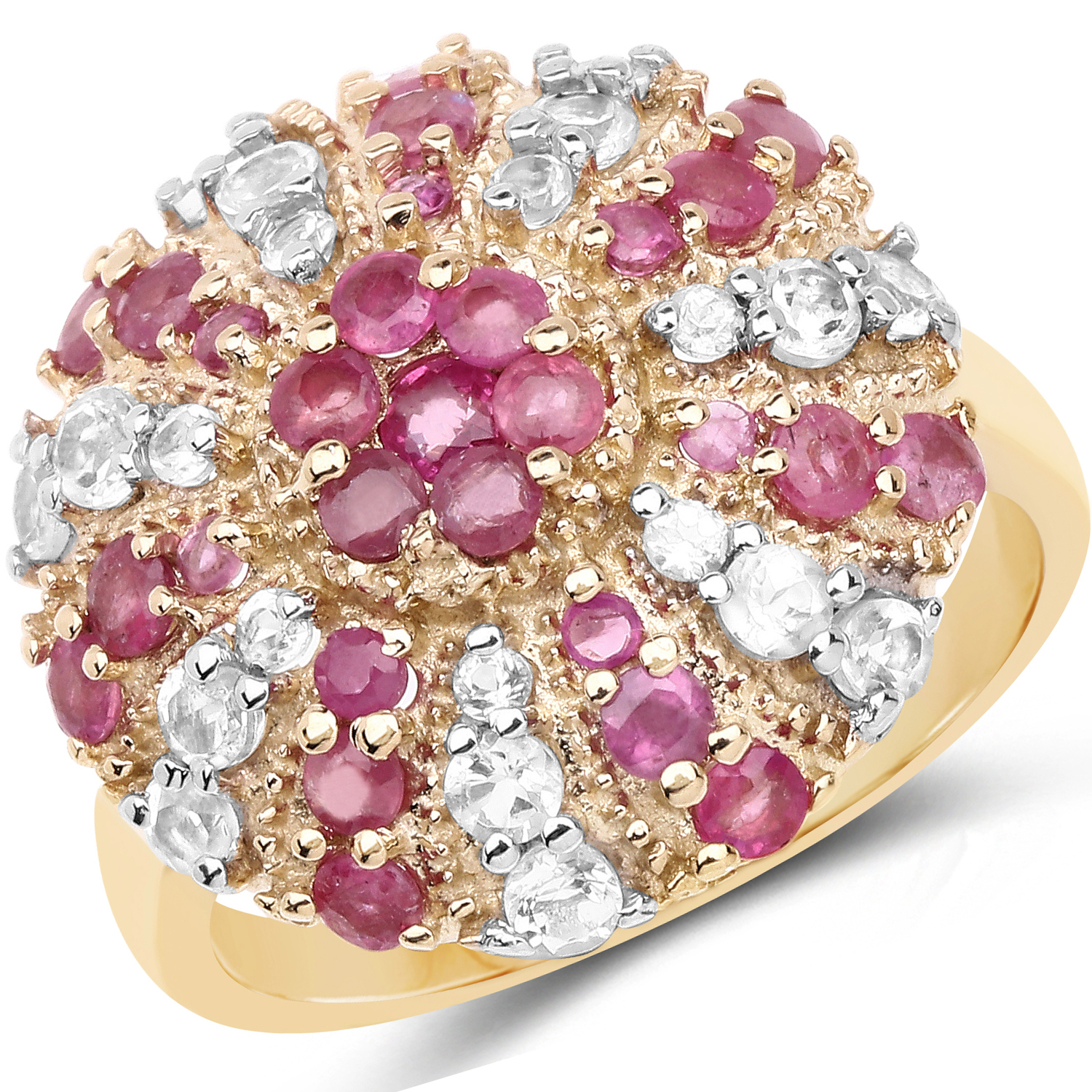 14K Yellow Gold Plated 1.89 Carat Genuine Ruby and White Topaz .925 Sterling Silver Ring