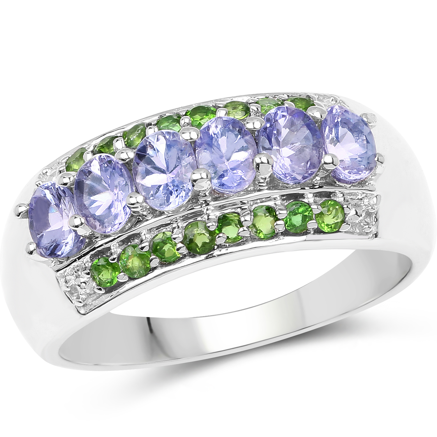 1.34 Carat Genuine Tanzanite and Chrome Diopside .925 Sterling Silver Ring