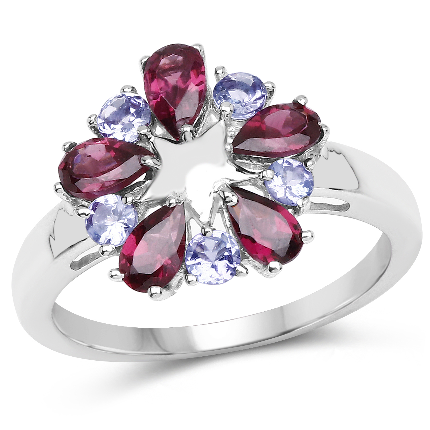 1.70 Carat Genuine Rhodolite and Tanzanite .925 Sterling Silver Ring