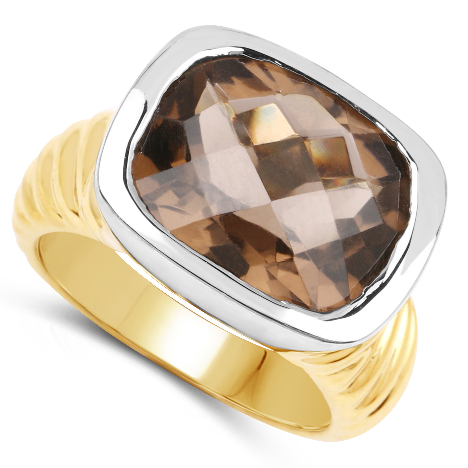 Two Tone Plated 7.53 Carat Genuine Smoky Quartz .925 Sterling Silver Ring