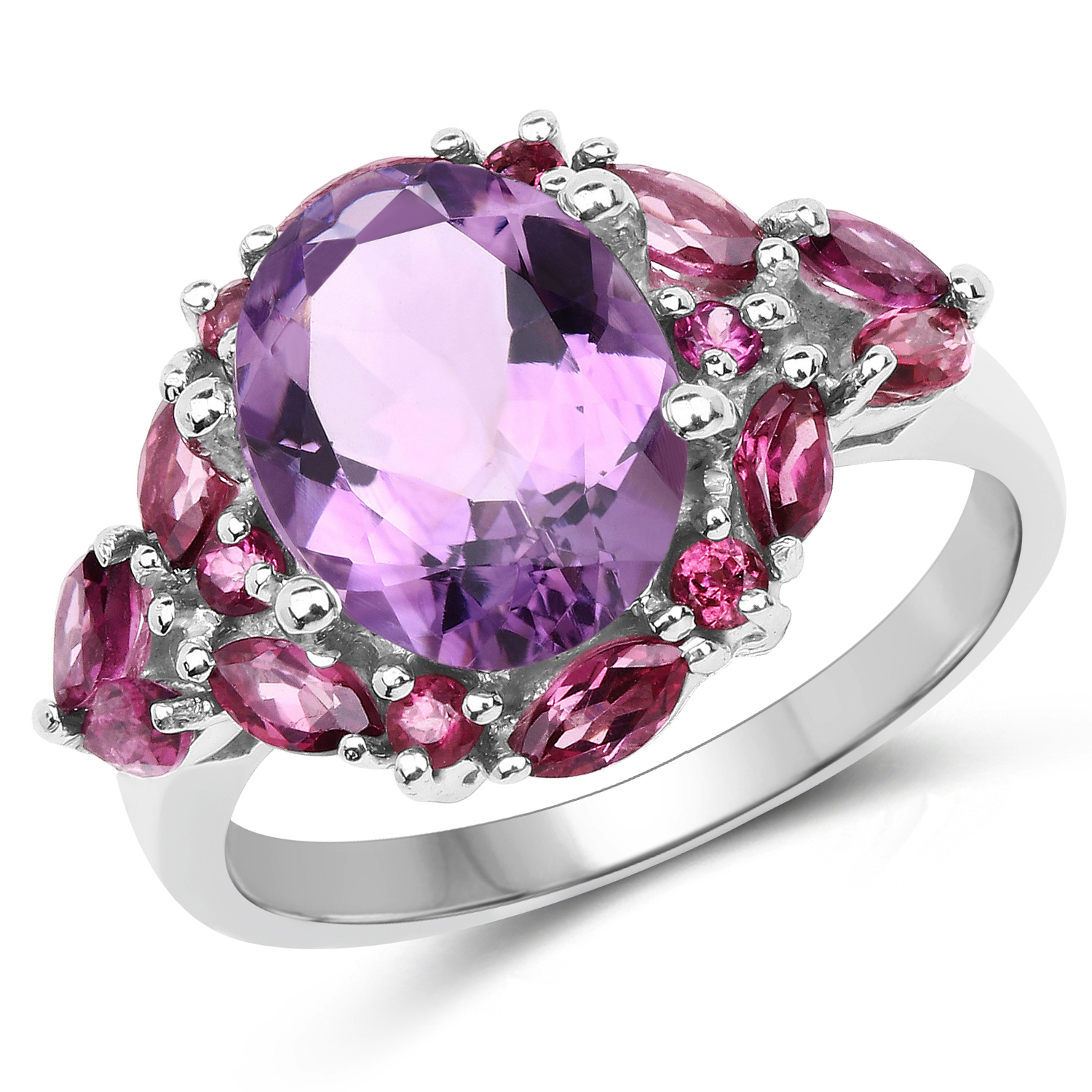 3.29 Carat Genuine Amethyst and Rhodolite .925 Sterling Silver Ring