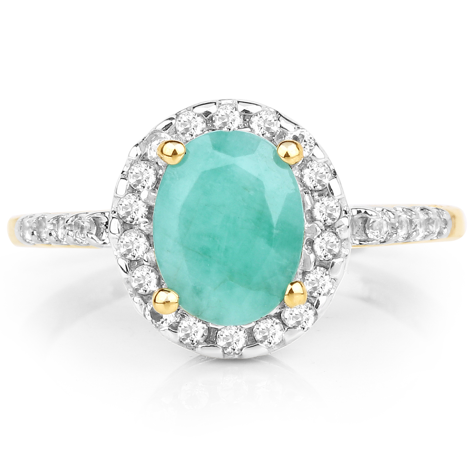 14K Yellow Gold Plated 1.44 Carat Genuine Emerald and White Topaz .925 Sterling Silver Ring