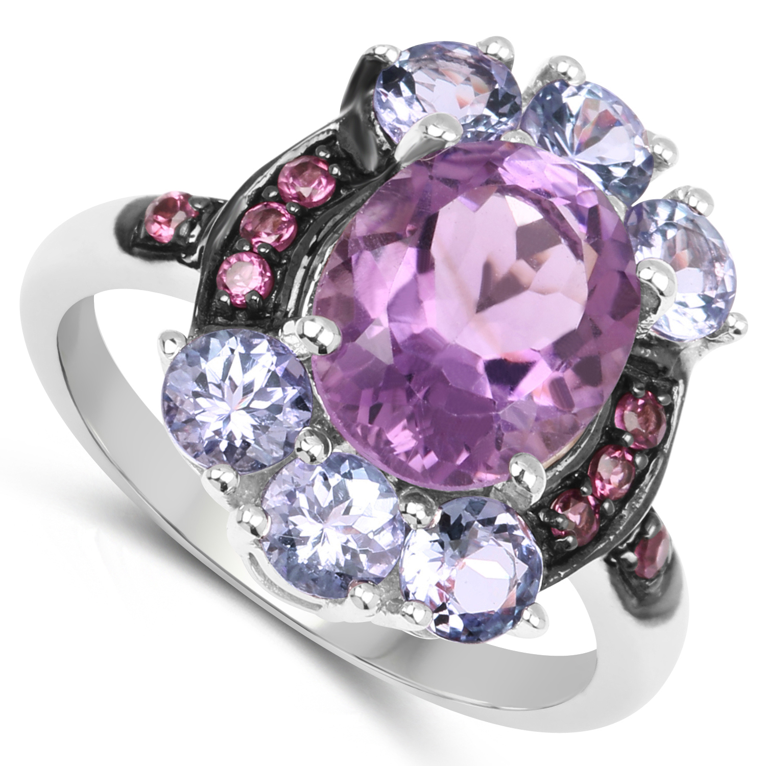 4.30 Carat Genuine Amethyst, Tanzanite and Rhodolite .925 Sterling Silver Ring