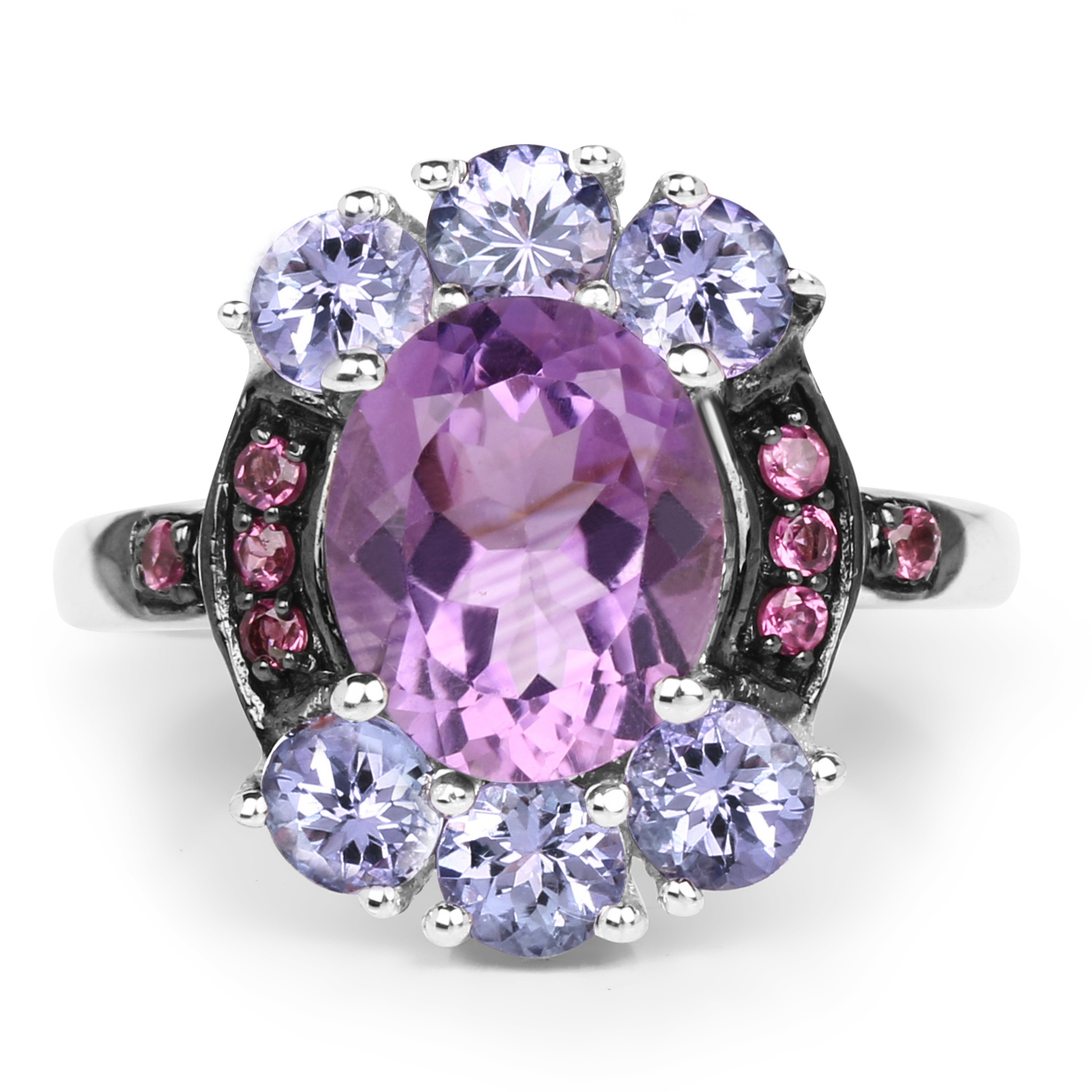 4.30 Carat Genuine Amethyst, Tanzanite and Rhodolite .925 Sterling Silver Ring