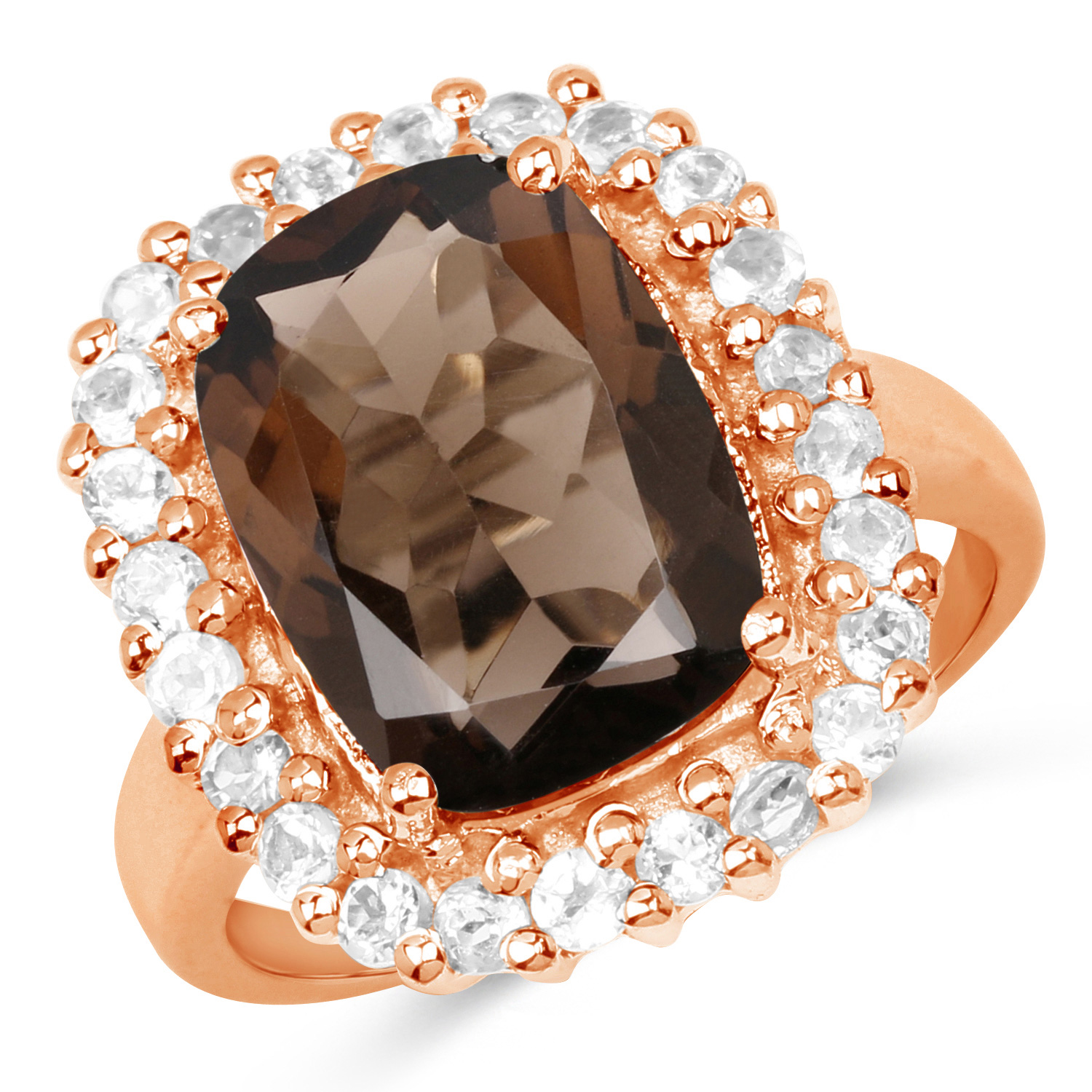 14K Rose Gold Plated 6.44 Carat Genuine Smoky Quartz and White Topaz .925 Sterling Silver Ring