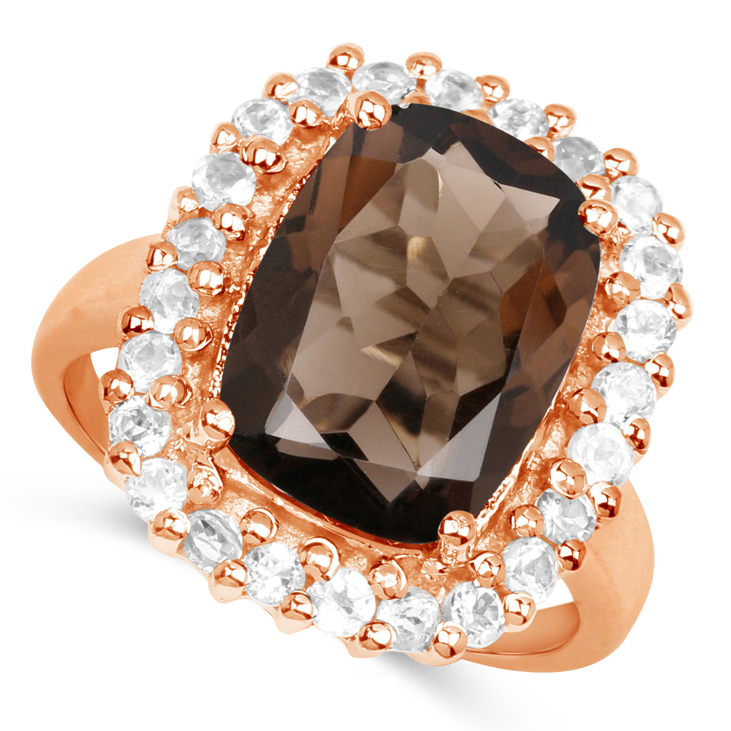 14K Rose Gold Plated 6.44 Carat Genuine Smoky Quartz and White Topaz .925 Sterling Silver Ring