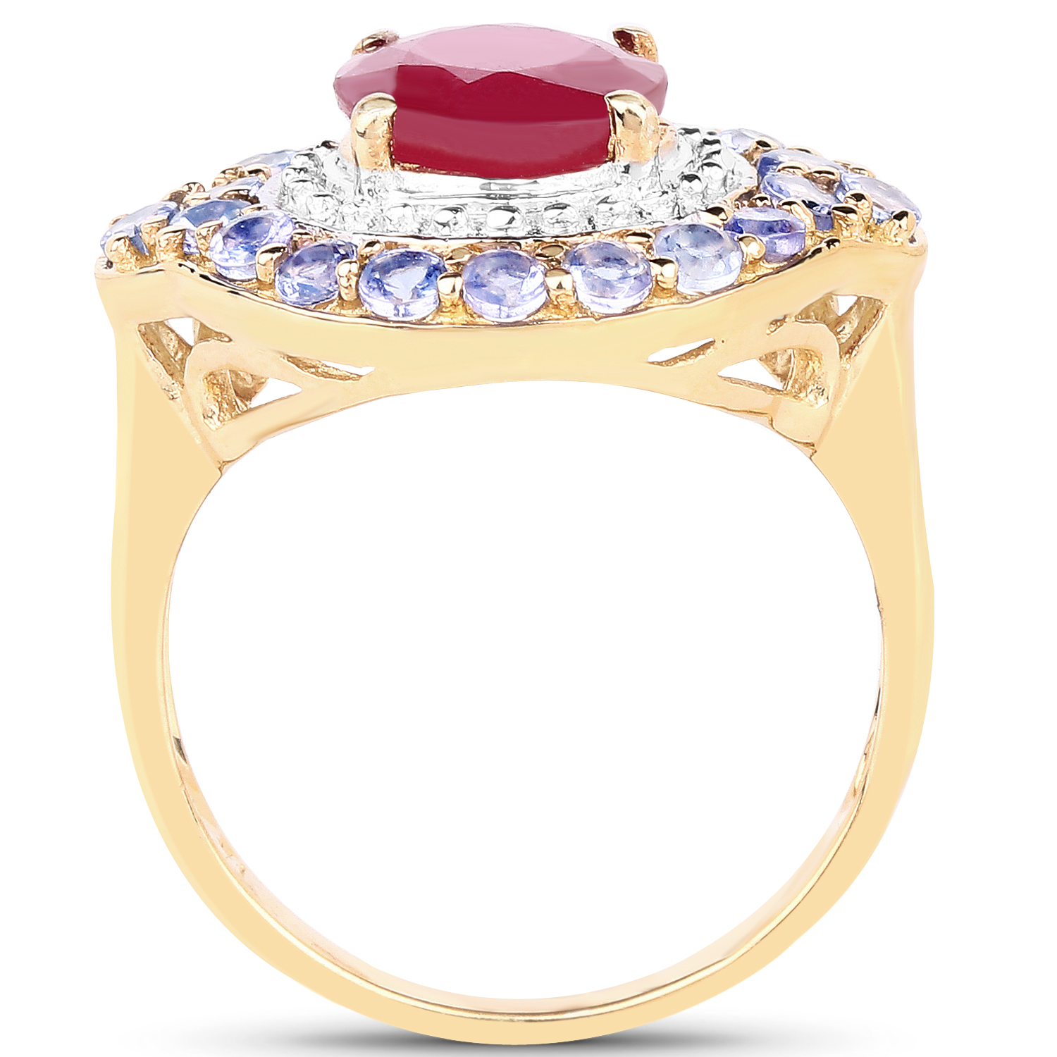 14K Yellow Gold Plated 3.20 Carat Genuine Glass Filled Ruby and Tanzanite .925 Sterling Silver Ring