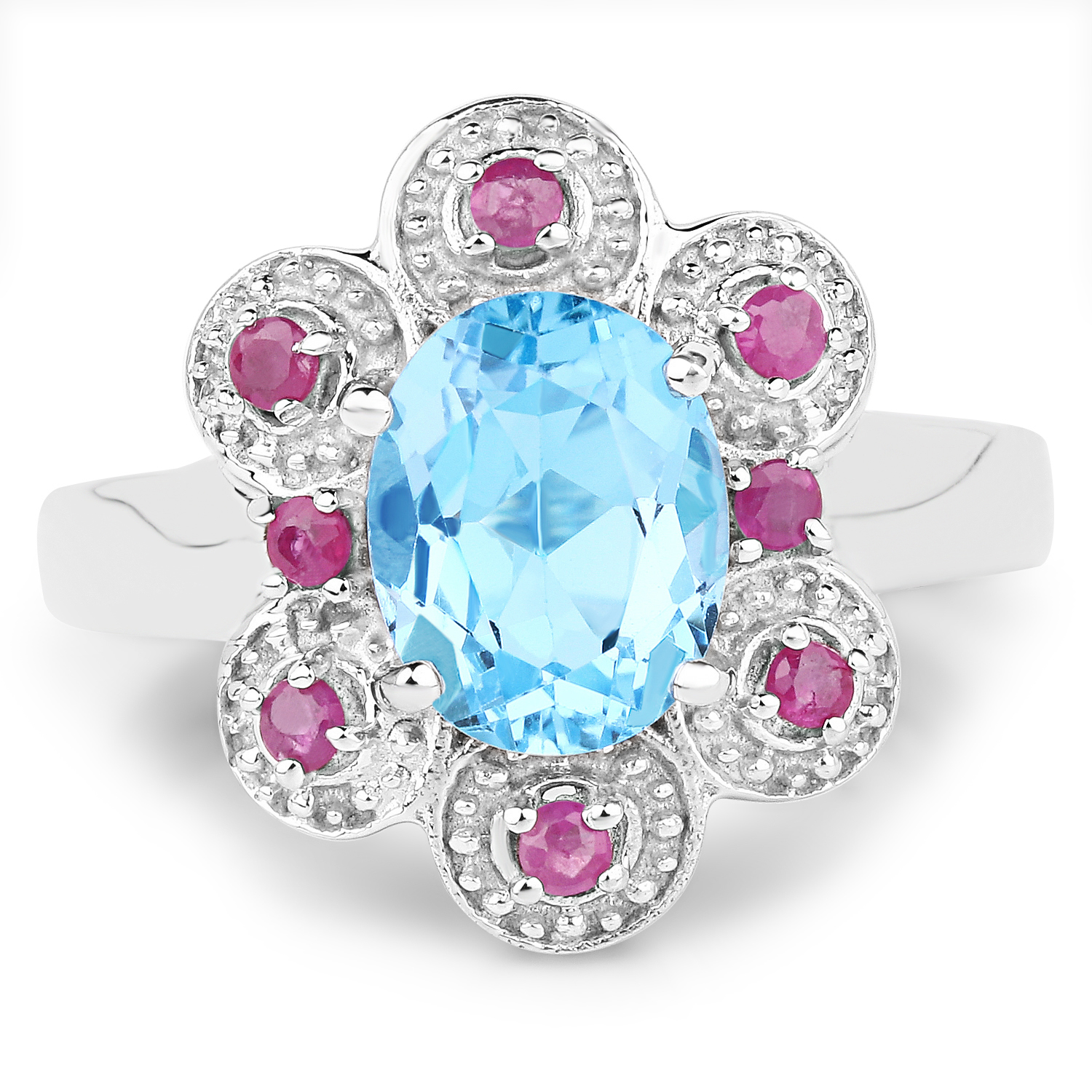 2.28 Carat Genuine Swiss Blue Topaz and Ruby .925 Sterling Silver Ring