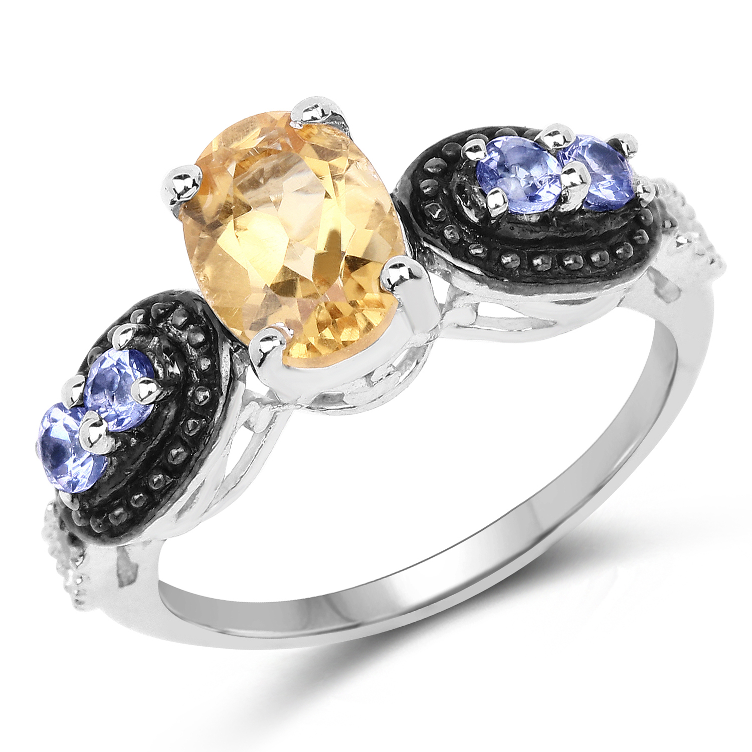 1.38 Carat Genuine Citrine and Tanzanite .925 Sterling Silver Ring