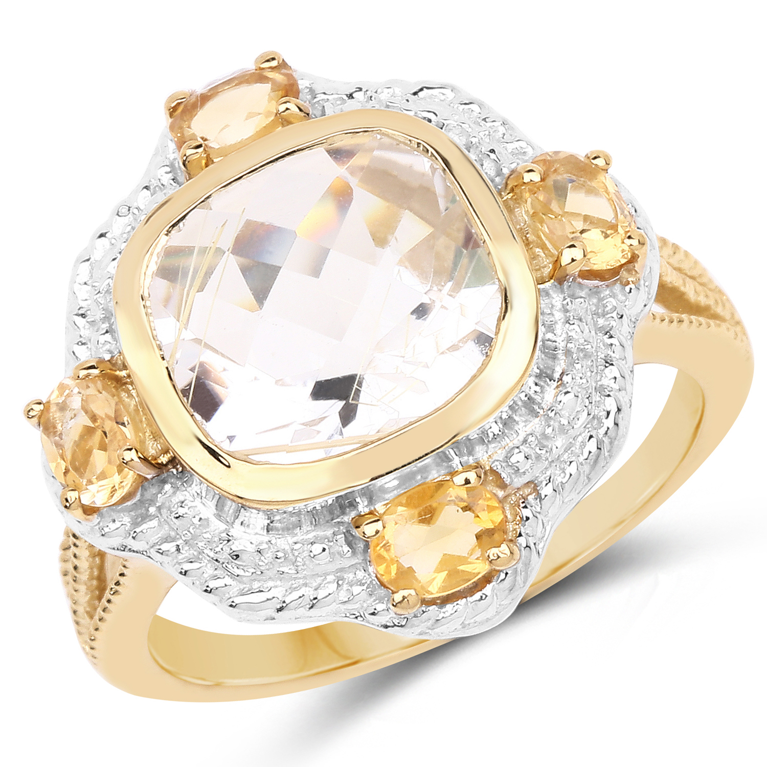 14K Yellow Gold Plated 4.07 Carat Genuine Golden Rutile and Citrine .925 Sterling Silver Ring