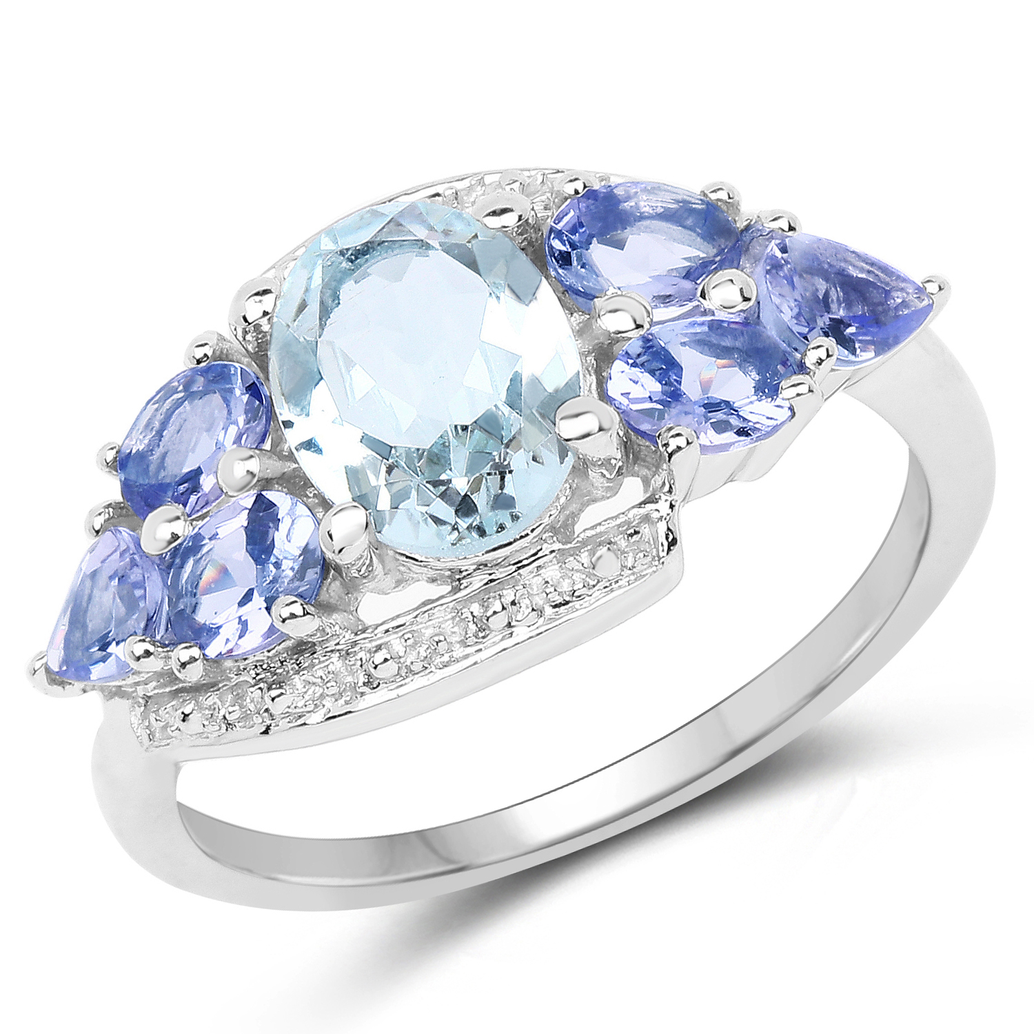 2.01 Carat Genuine Aquamarine and Tanzanite .925 Sterling Silver Ring
