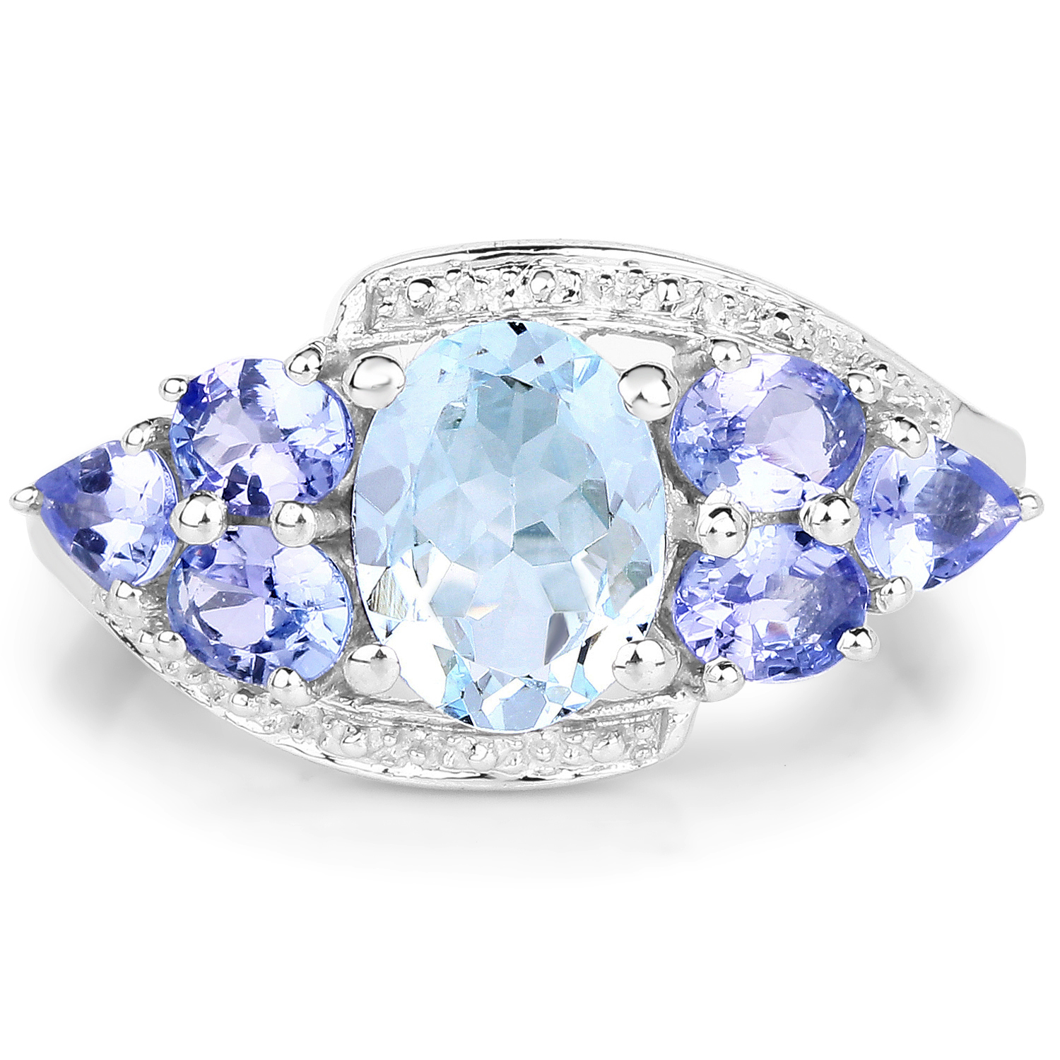 2.01 Carat Genuine Aquamarine and Tanzanite .925 Sterling Silver Ring