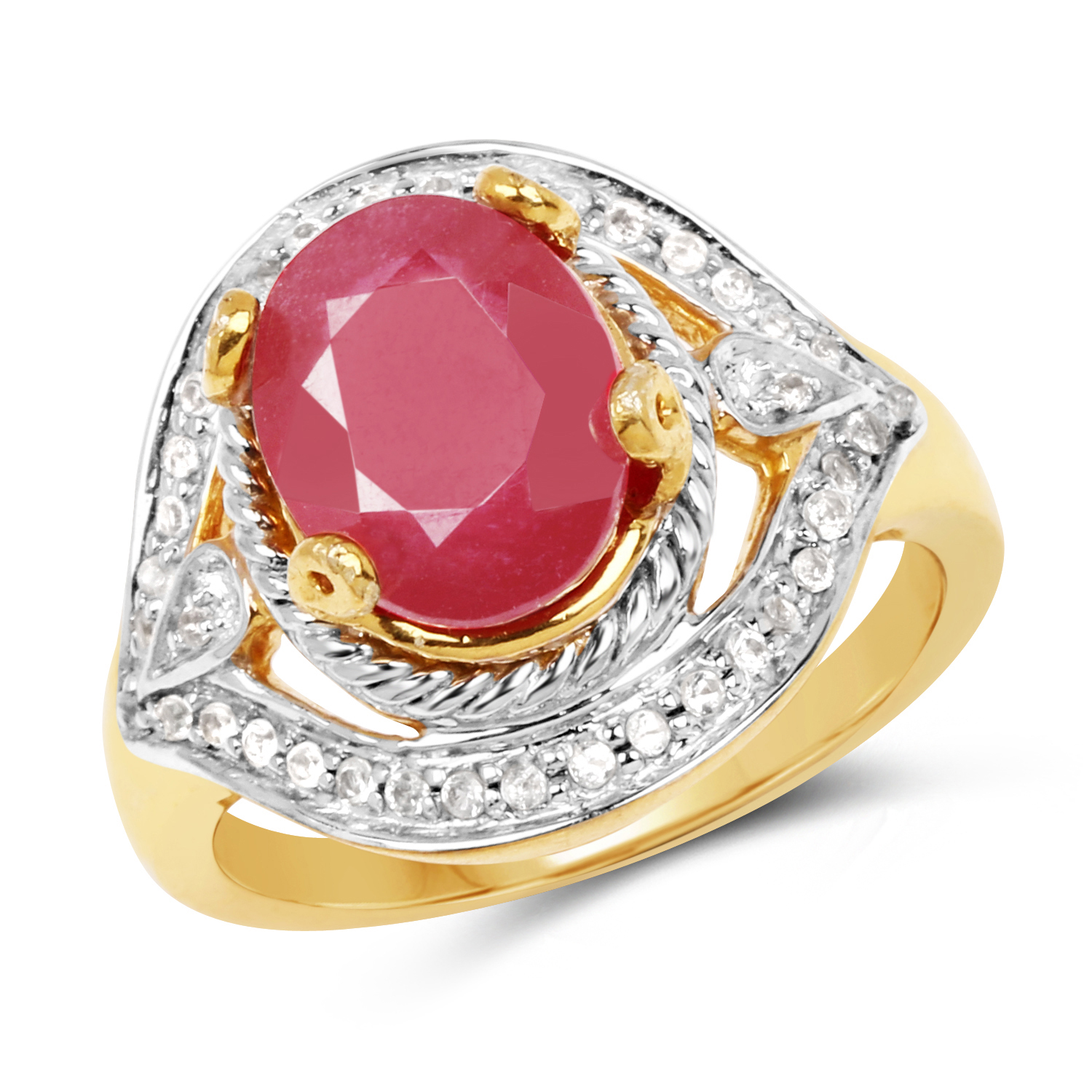14K Yellow Gold Plated 3.66 Carat Genuine Glass Filled Ruby & White Topaz .925 Sterling Silver Ring