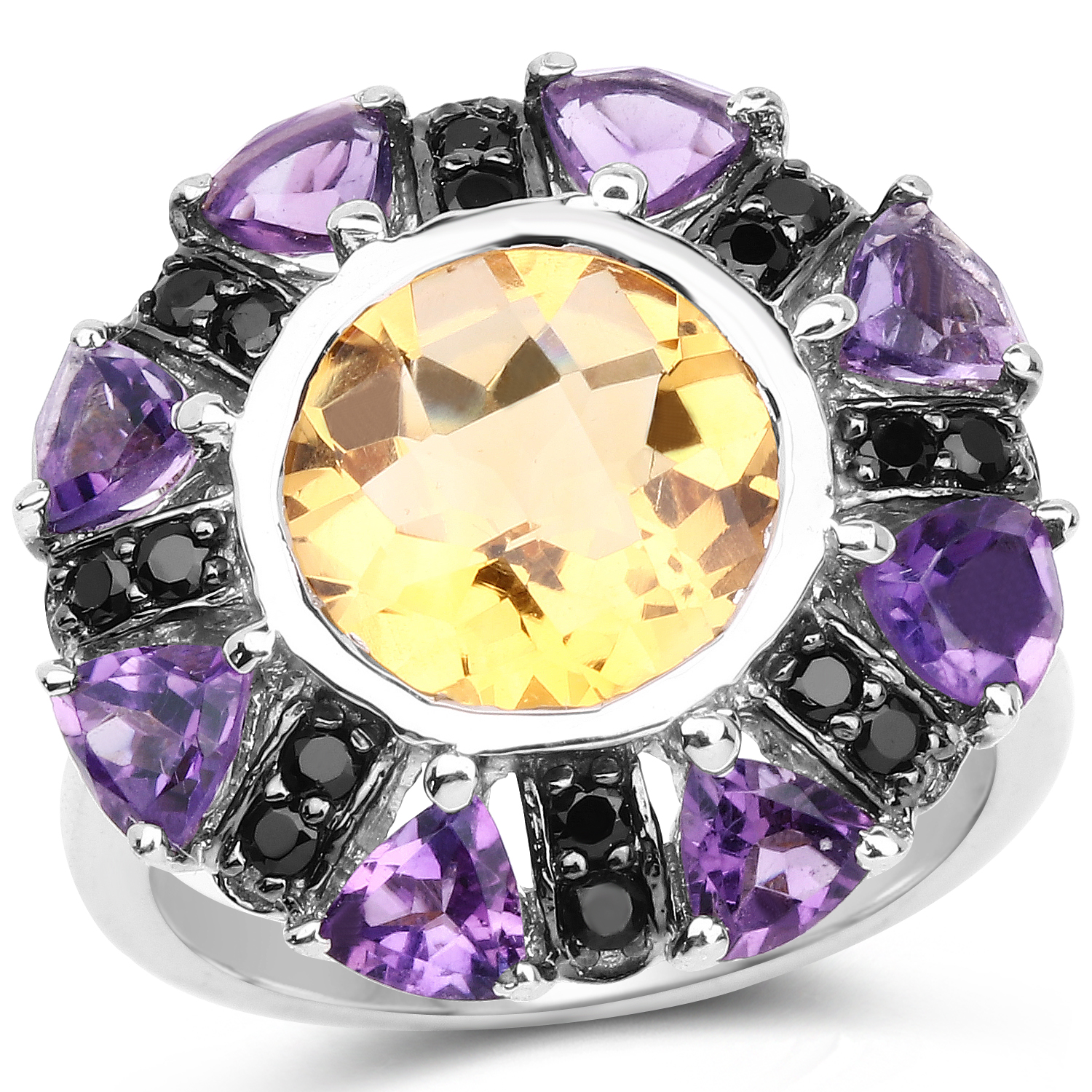 5.72 Carat Genuine Citrine, Amethyst & Black Spinel .925 Sterling Silver Ring