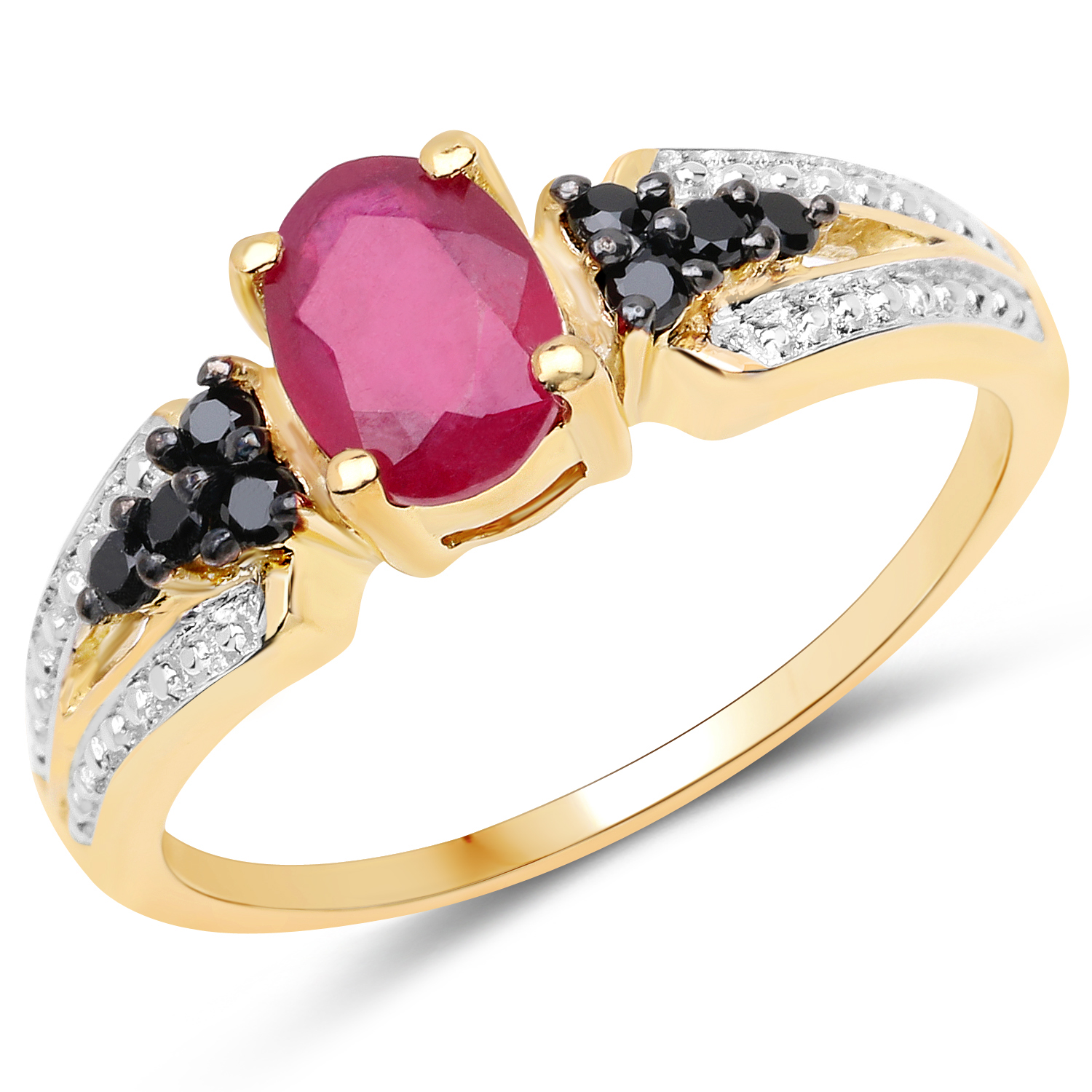 14K Yellow Gold Plated 1.24 Carat Glass Filled Ruby and Black Spinel .925 Sterling Silver Ring