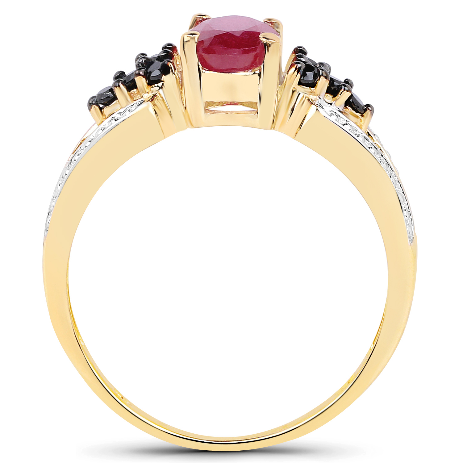 14K Yellow Gold Plated 1.24 Carat Glass Filled Ruby and Black Spinel .925 Sterling Silver Ring